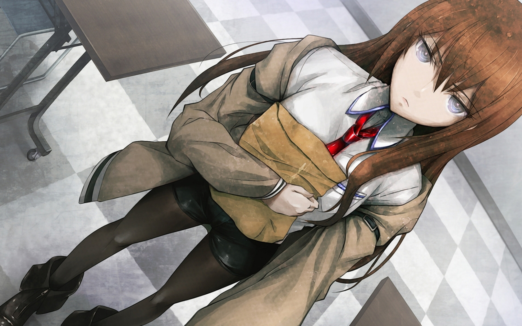 Скачать обои девушка, игра, аниме, галстук, колготки, конверт, makise  kurisu, Steins Gate, раздел прочее в разрешении 1680x1050