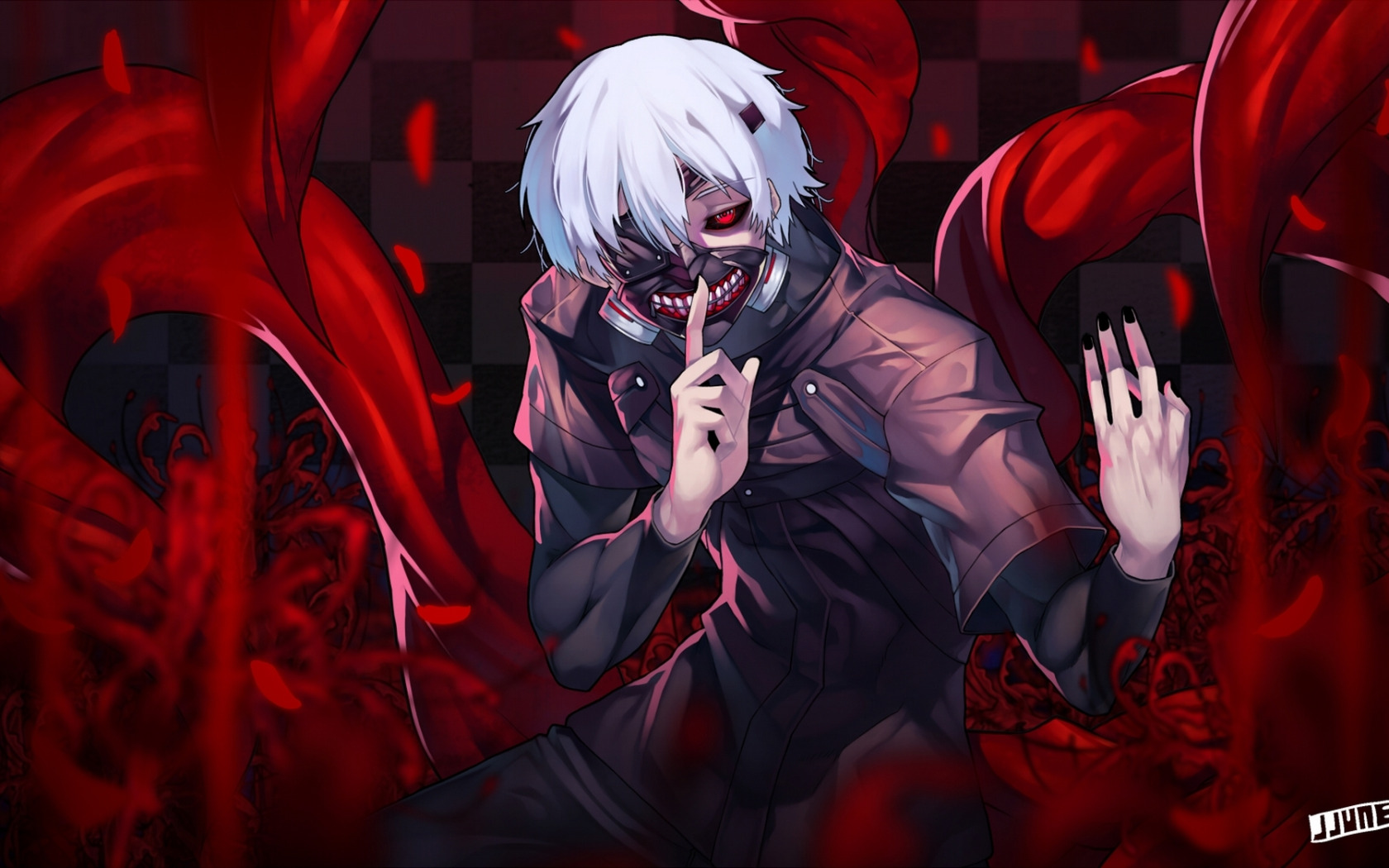 Скачать обои аниме, маска, арт, парень, жест, токийский гуль, tokyo ghoul,  kaneki ken, раздел сэйнэн в разрешении 1680x1050