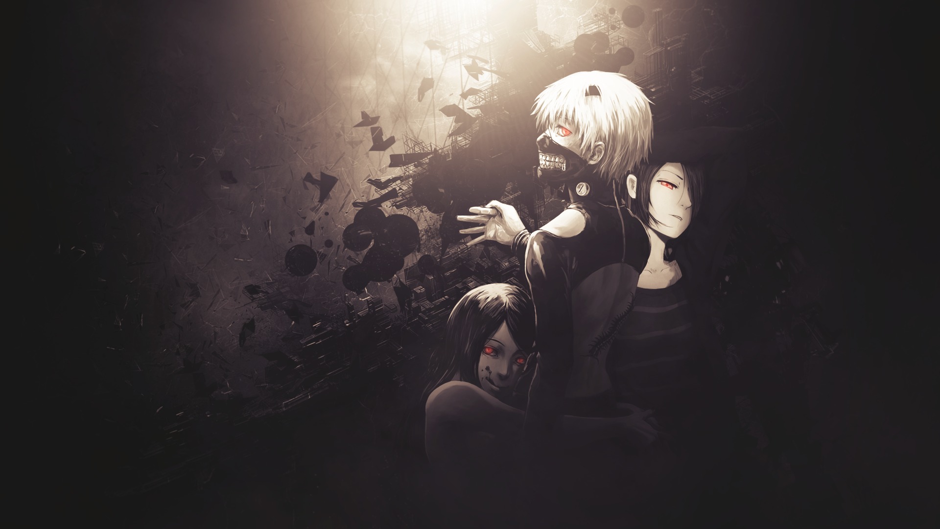 Обои anime, art, токийский гуль, Tokyo Ghoul, Ken Kaneki, Kirishima Touka,  Rize Kamishiro на телефон и рабочий стол, раздел прочее, разрешение  1920x1080 - скачать