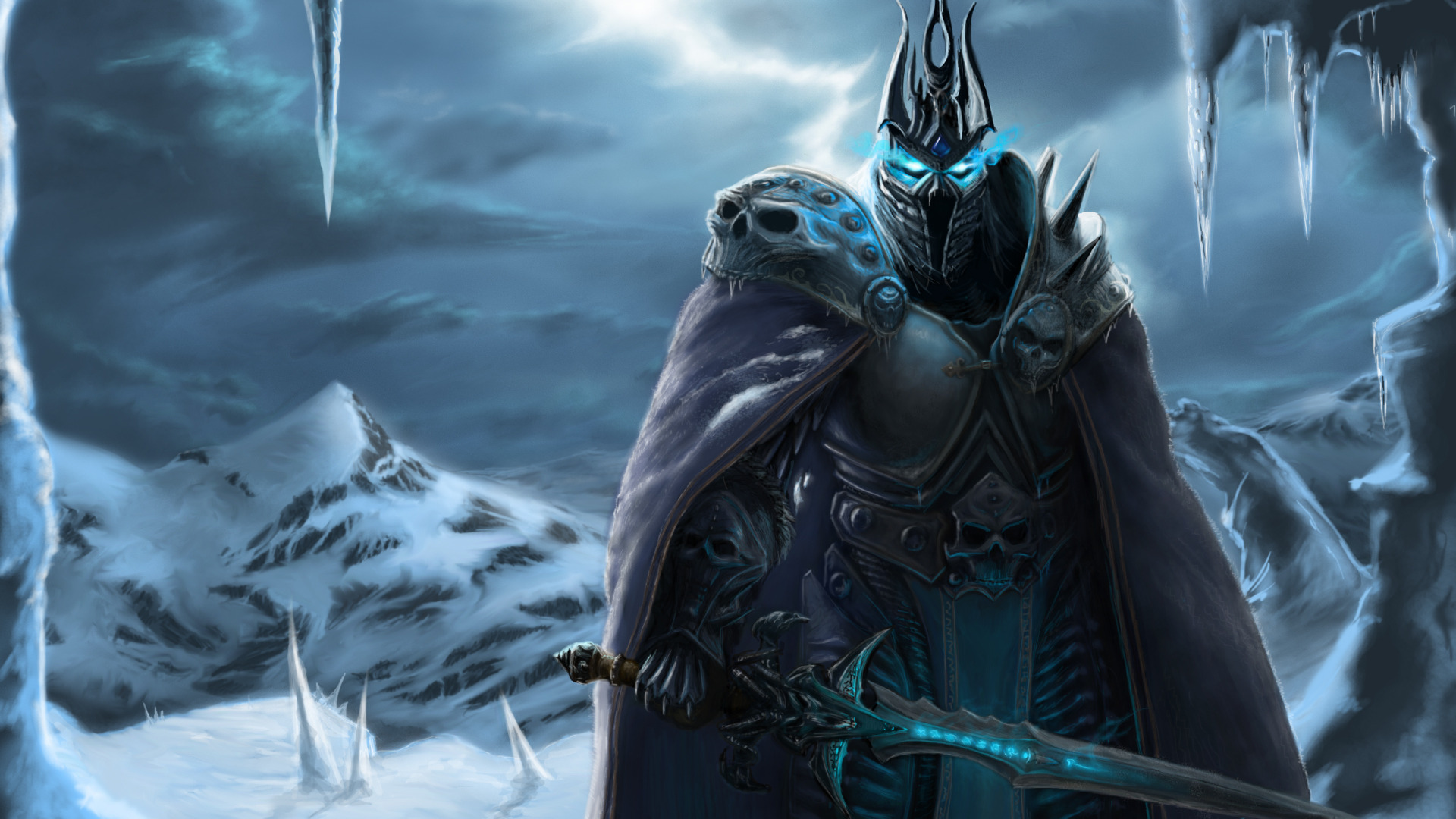 Скачать обои снег, меч, доспехи, world of warcraft, arthas, lich king,  падший принц, артес менетил, раздел игры в разрешении 1920x1080