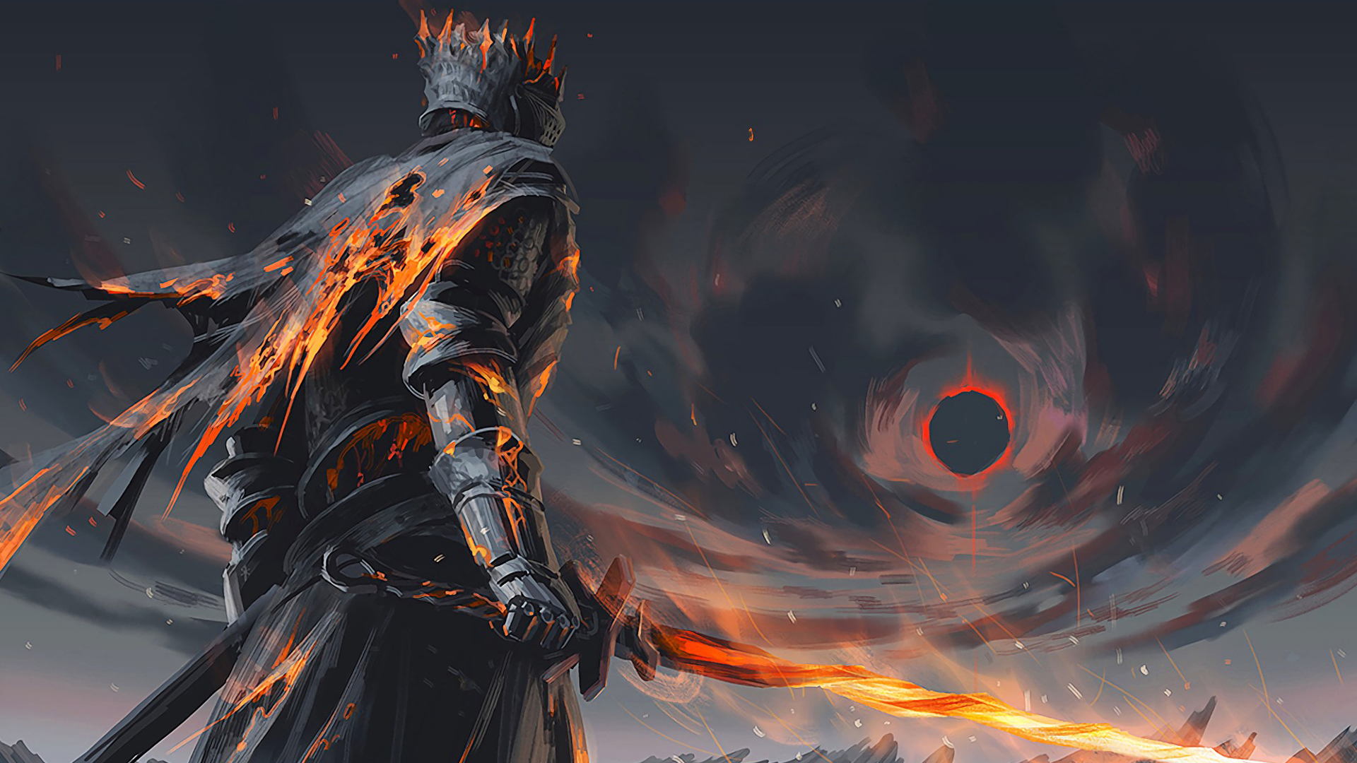 Скачать обои fire, sword, fantasy, game, armor, art, painting, artwork,  раздел фантастика в разрешении 1920x1080