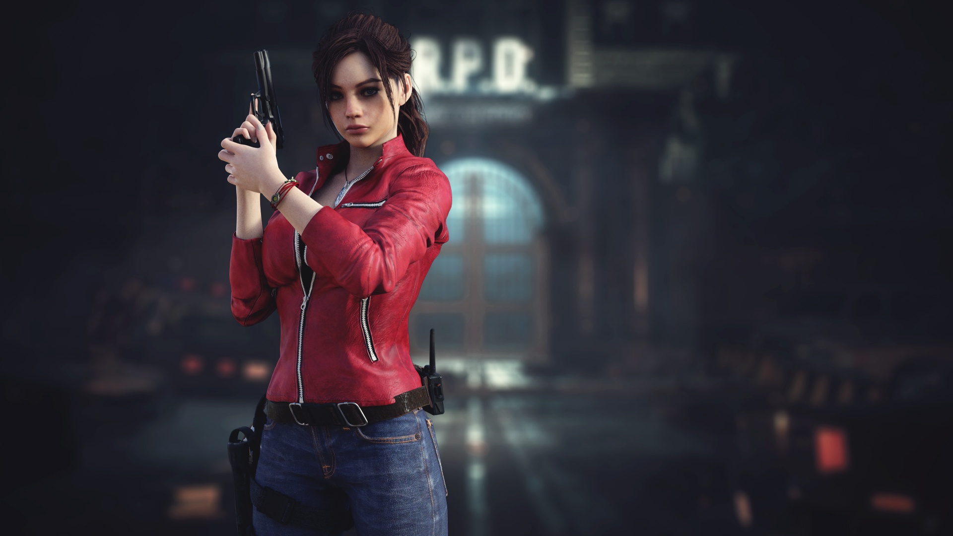 Скачать обои девушка, пистолет, ворота, шатенка, симпатичная, Claire  Redfield, Клэр Редфилд, Resident Evil 2 Remake, раздел игры в разрешении  1920x1080