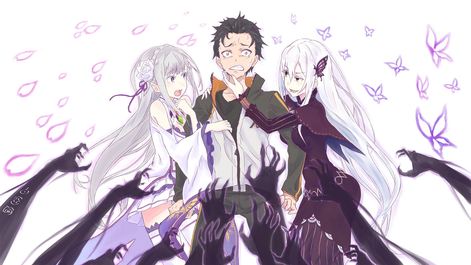 Скачать обои аниме, арт, Субару, Эмилия, Re: Zero kara Hajimeru Isekai  Seikatsu, С нуля, едьма, раздел сёнэн в разрешении 1920x1080