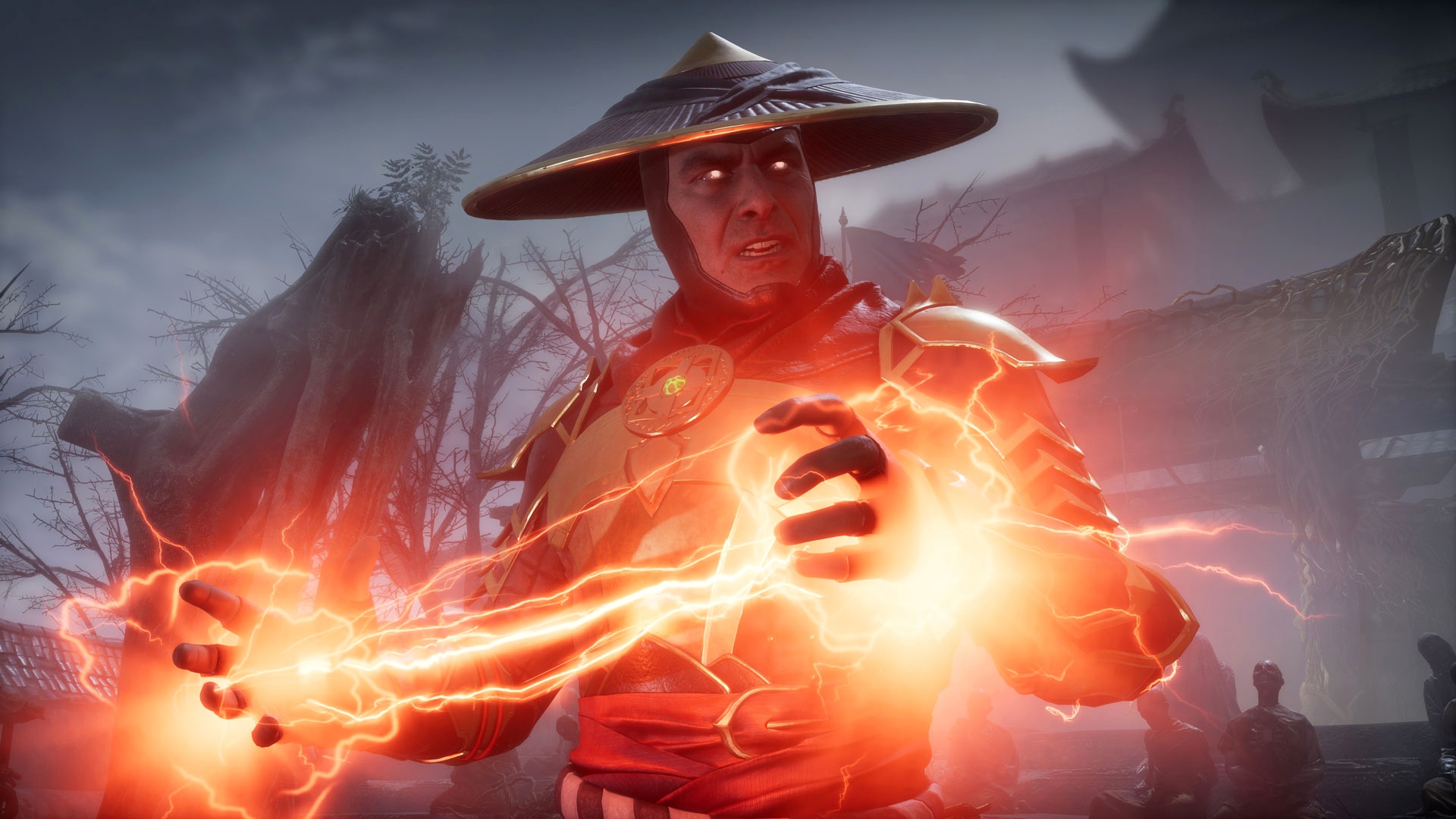 Скачать обои red, game, lightning, fighting, Raiden, god of thunder,  screenshot, NetherRealm Studios, раздел игры в разрешении 1920x1080