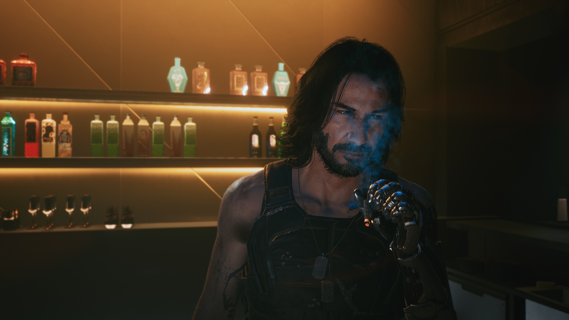 Скачать обои Бар, Киану Ривз, Smoke, Keanu Reeves, Smoking, Cyberpunk 2077,  Сигарета, Киберпанк, раздел игры в разрешении 1920x1080