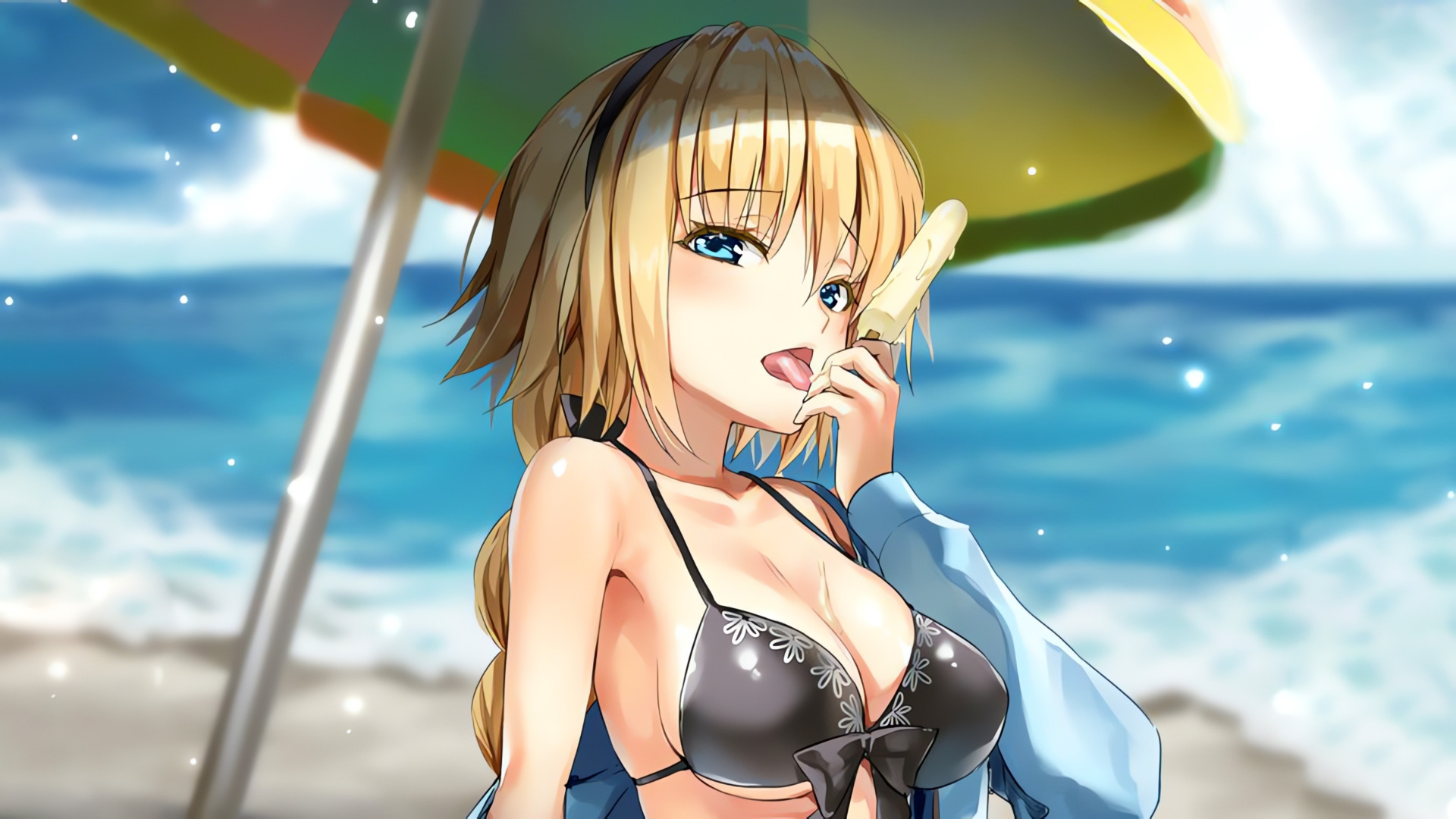 Скачать обои girl, sexy, cleavage, beach, long hair, sea, boobs, anime,  раздел сэйнэн в разрешении 1920x1080