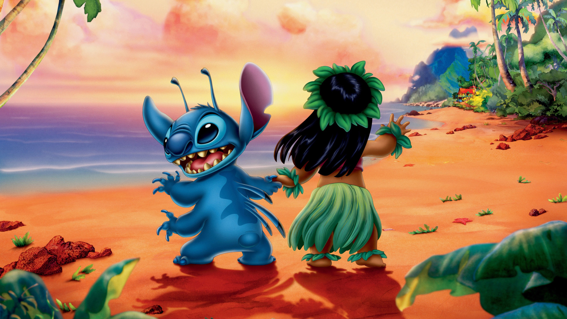 Скачать обои море, мультик, берег, Мультфильм, Лило и Стич, Lilo And Stitch,  раздел фильмы в разрешении 1920x1080