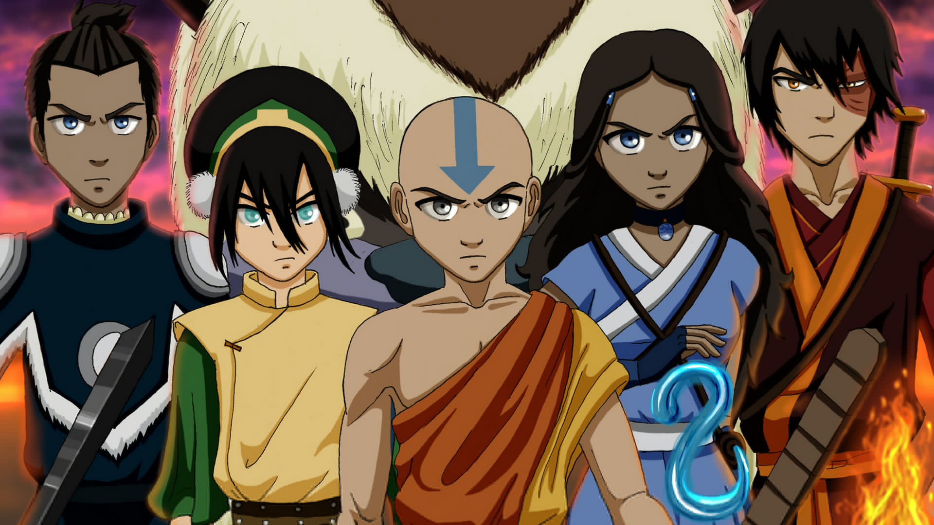 Скачать обои Зуко, Аанг, Катара, Avatar: The Last Airbender, Аватар:  Легенда об Аанге, Тофф, Аппа, Сокка, раздел фильмы в разрешении 1920x1080