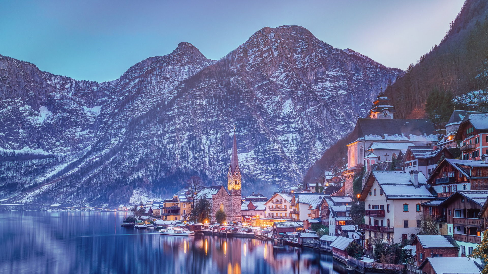 Скачать обои зима, горы, озеро, дома, Австрия, Альпы, Austria, Hallstatt,  раздел город в разрешении 1920x1080