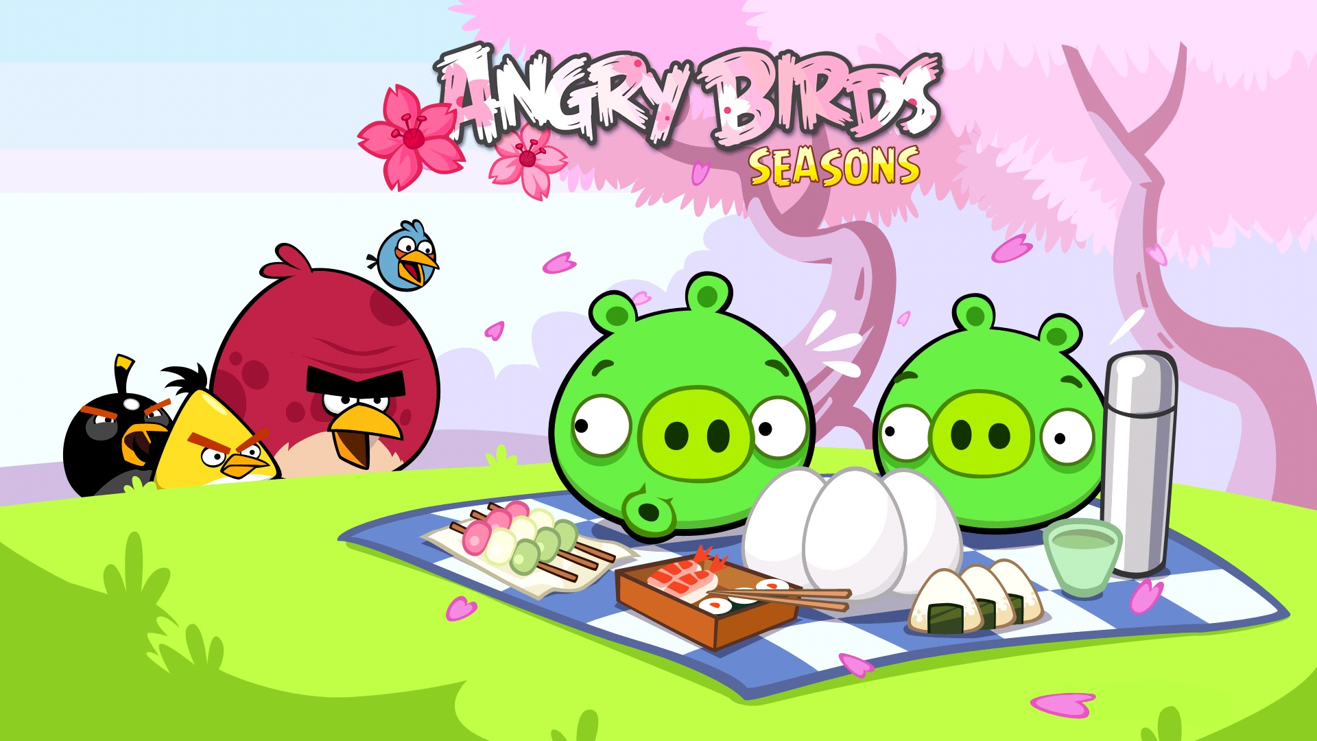 Скачать обои птицы, яйца, Игра, пикник, свиньи, злые птицы, angry birds  seasons, раздел игры в разрешении 1920x1080