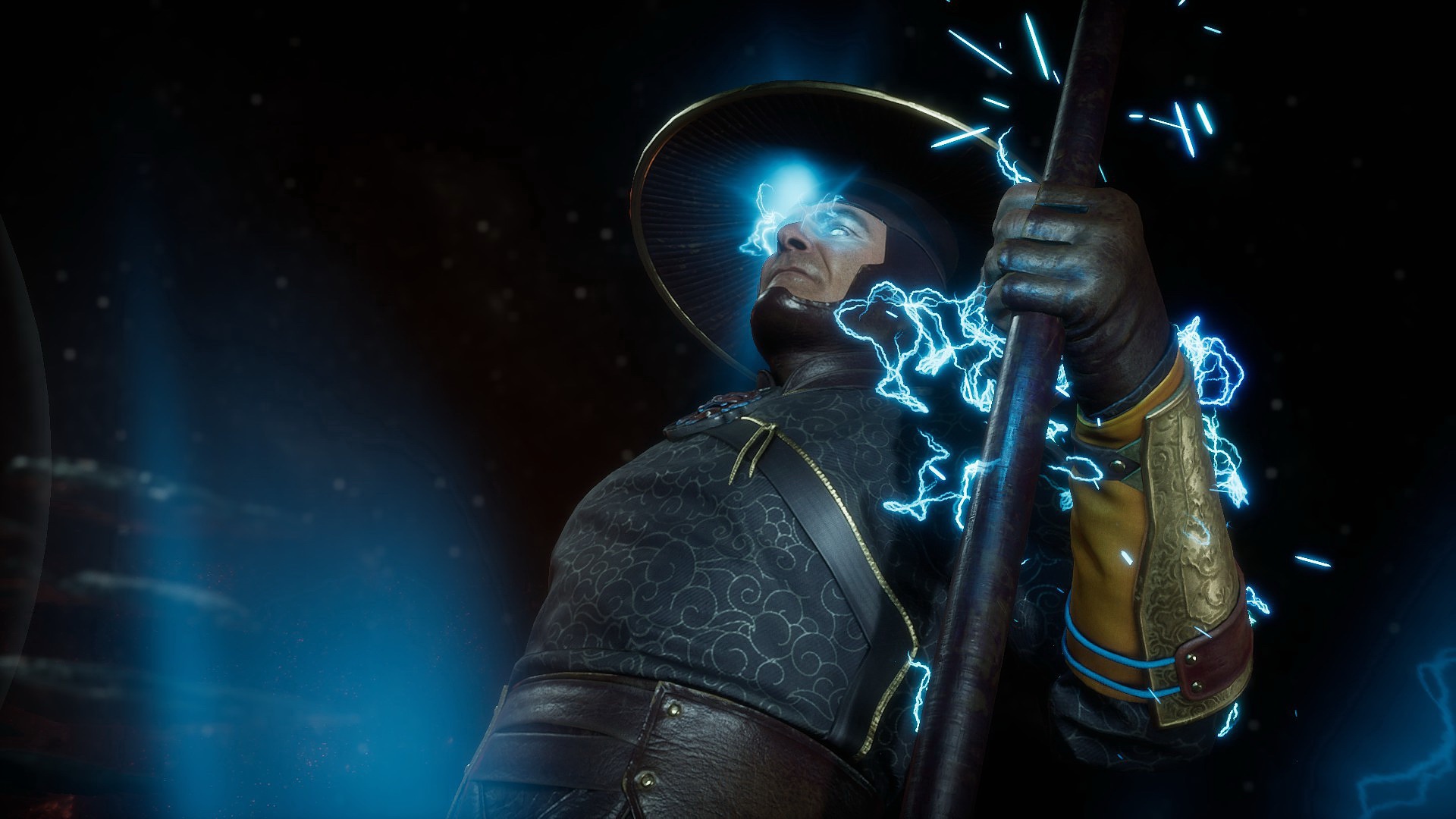 Скачать обои молнии, искры, посох, lightning, Raiden, staff, god of thunder,  Mortal Kombat 11, раздел игры в разрешении 1920x1080