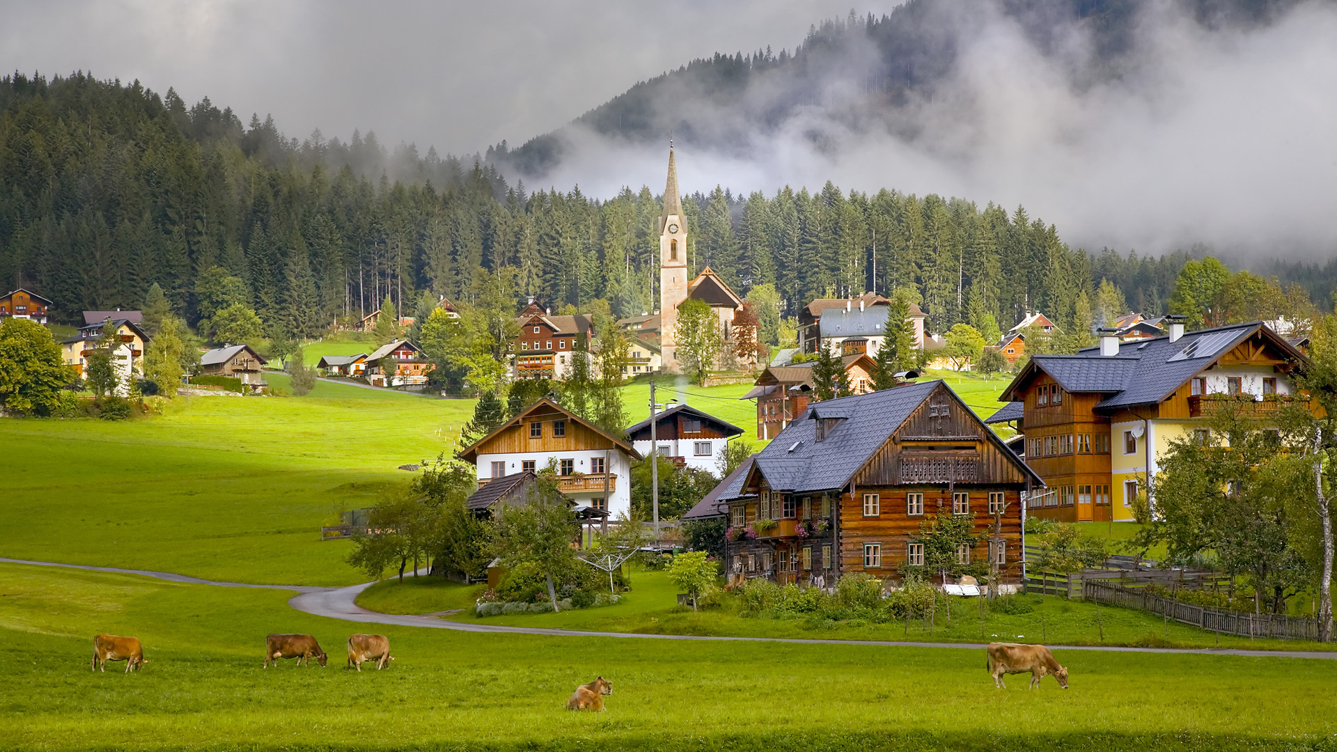 Обои дома, Австрия, коровы, деревня, Austria, Gosau Village на телефон и  рабочий стол, раздел город, разрешение 1920x1080 - скачать