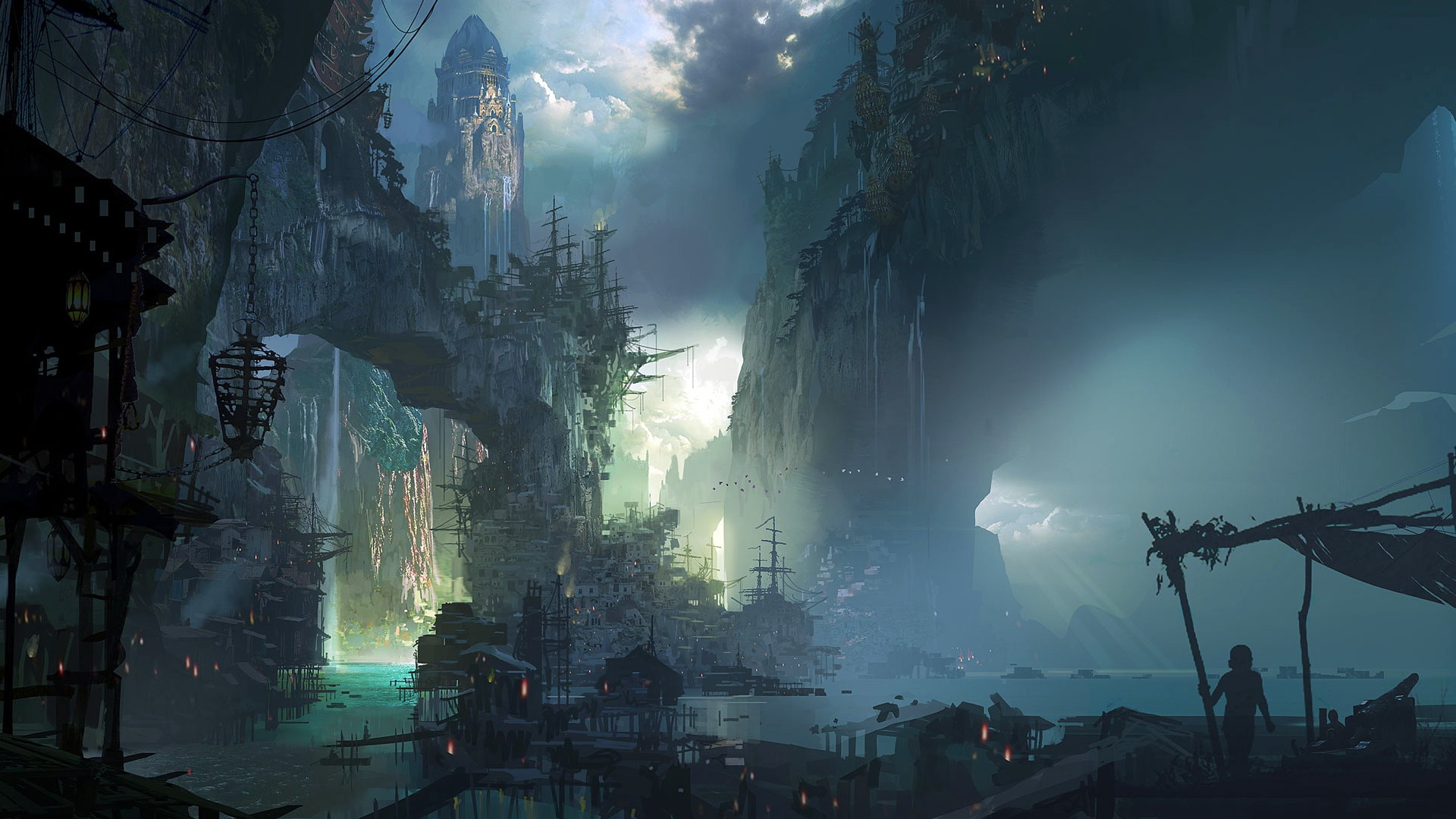 Скачать обои city, fantasy, game, rocks, houses, waterfall, League of  Legends, castle, раздел фантастика в разрешении 1920x1080