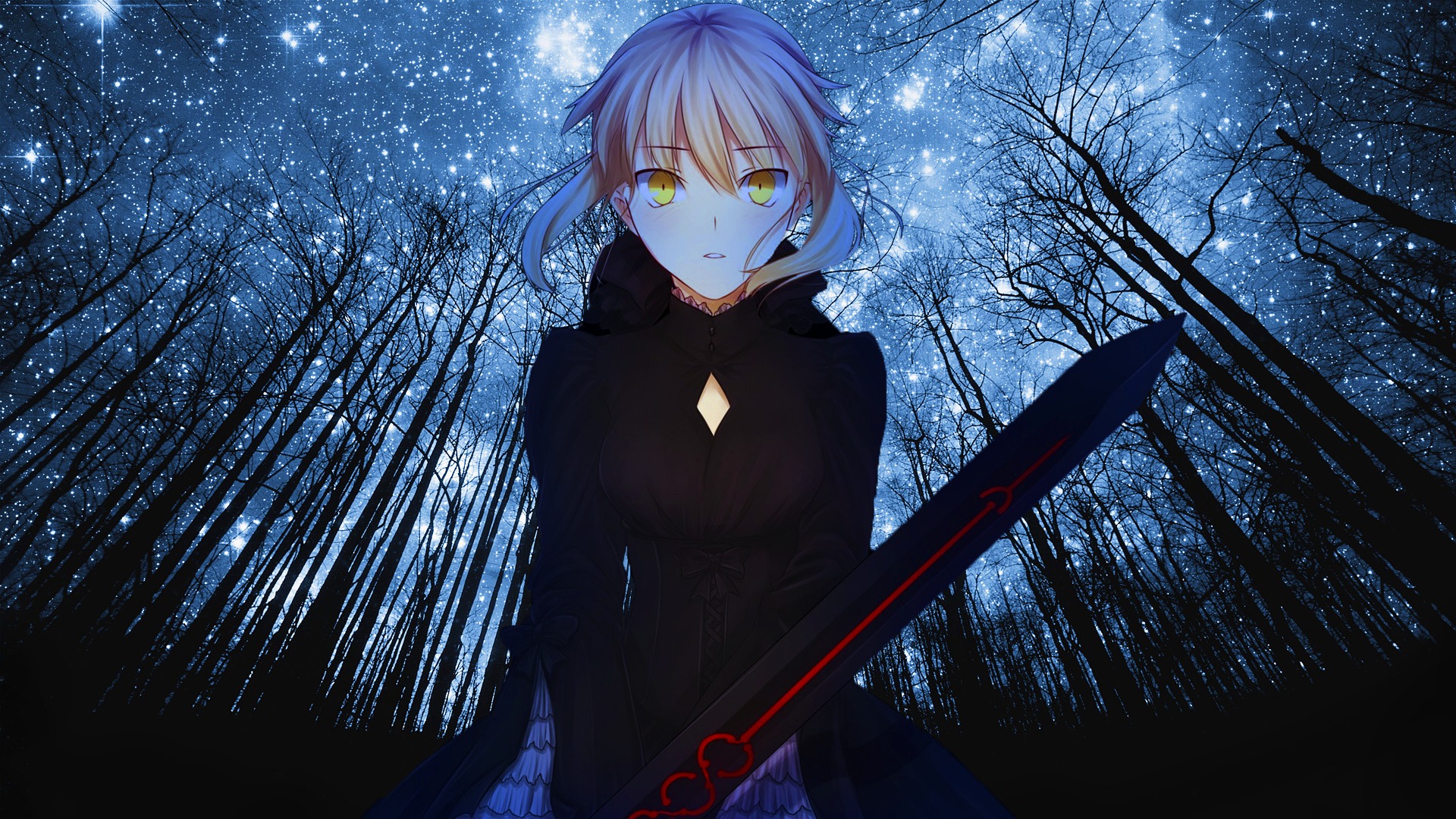 Скачать обои Girl, Anime, Fate/Stay Night, Night, Saber, Forest, Type-Moon,  Fate, раздел прочее в разрешении 1920x1080