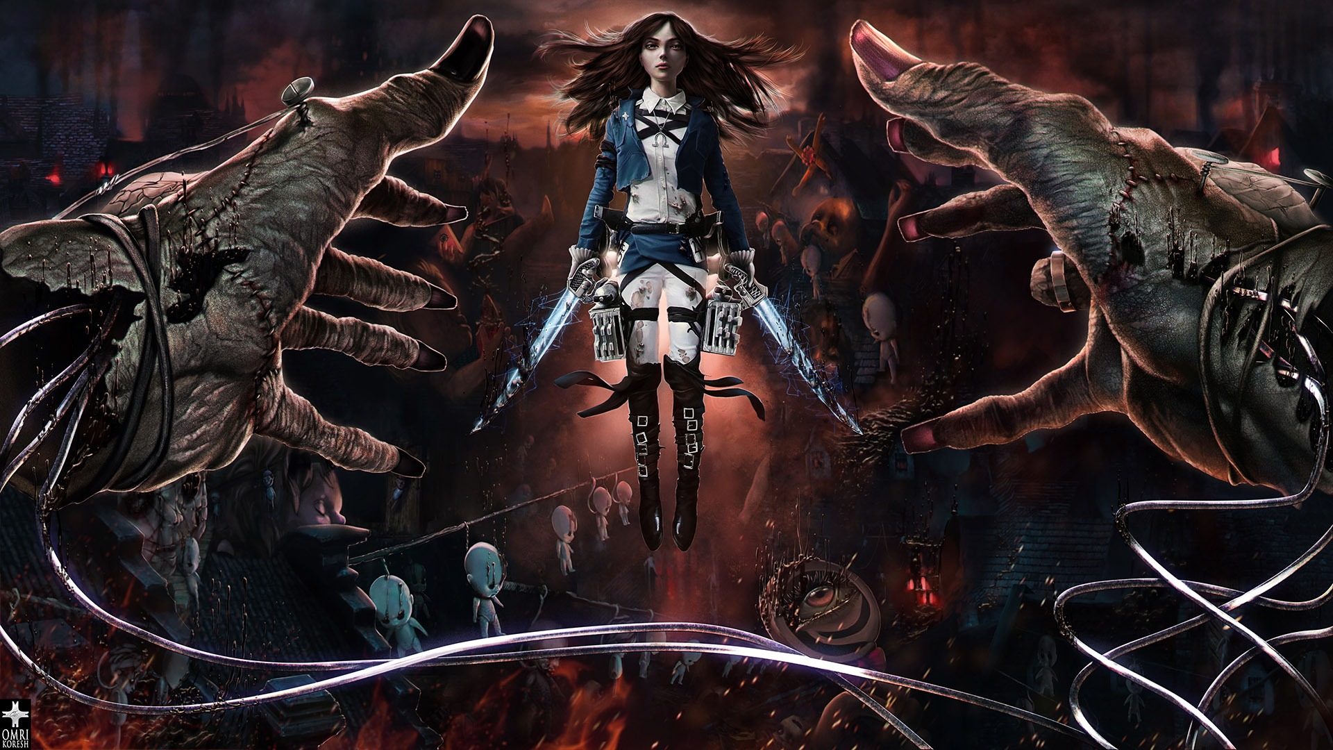 Скачать обои crossover, alice, madness returns, Alice: Madness Returns,  Attack on Titan, Shingeki no Kyojin, раздел фантастика в разрешении  1920x1080