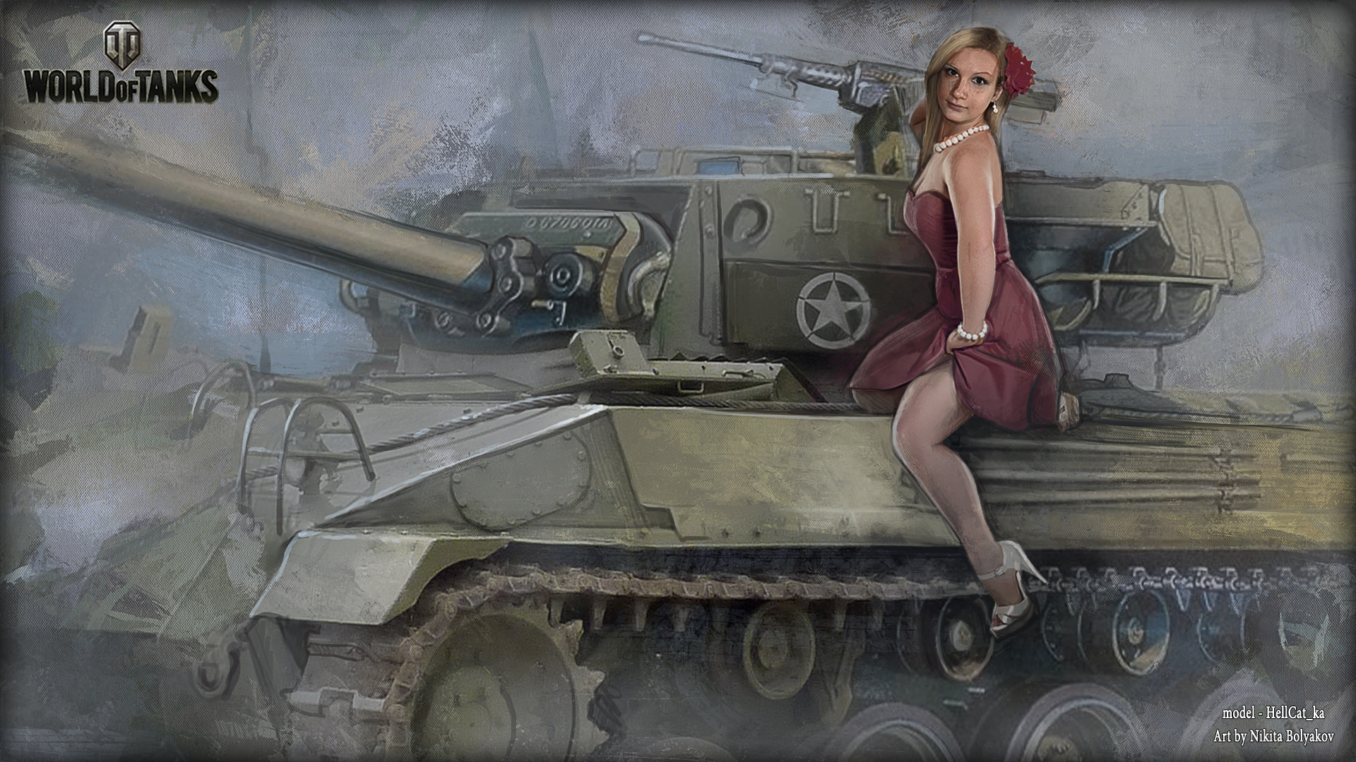 Скачать обои девушка, танк, бусы, girl, танки, WoT, Мир танков, tank,  раздел девушки в разрешении 1920x1080