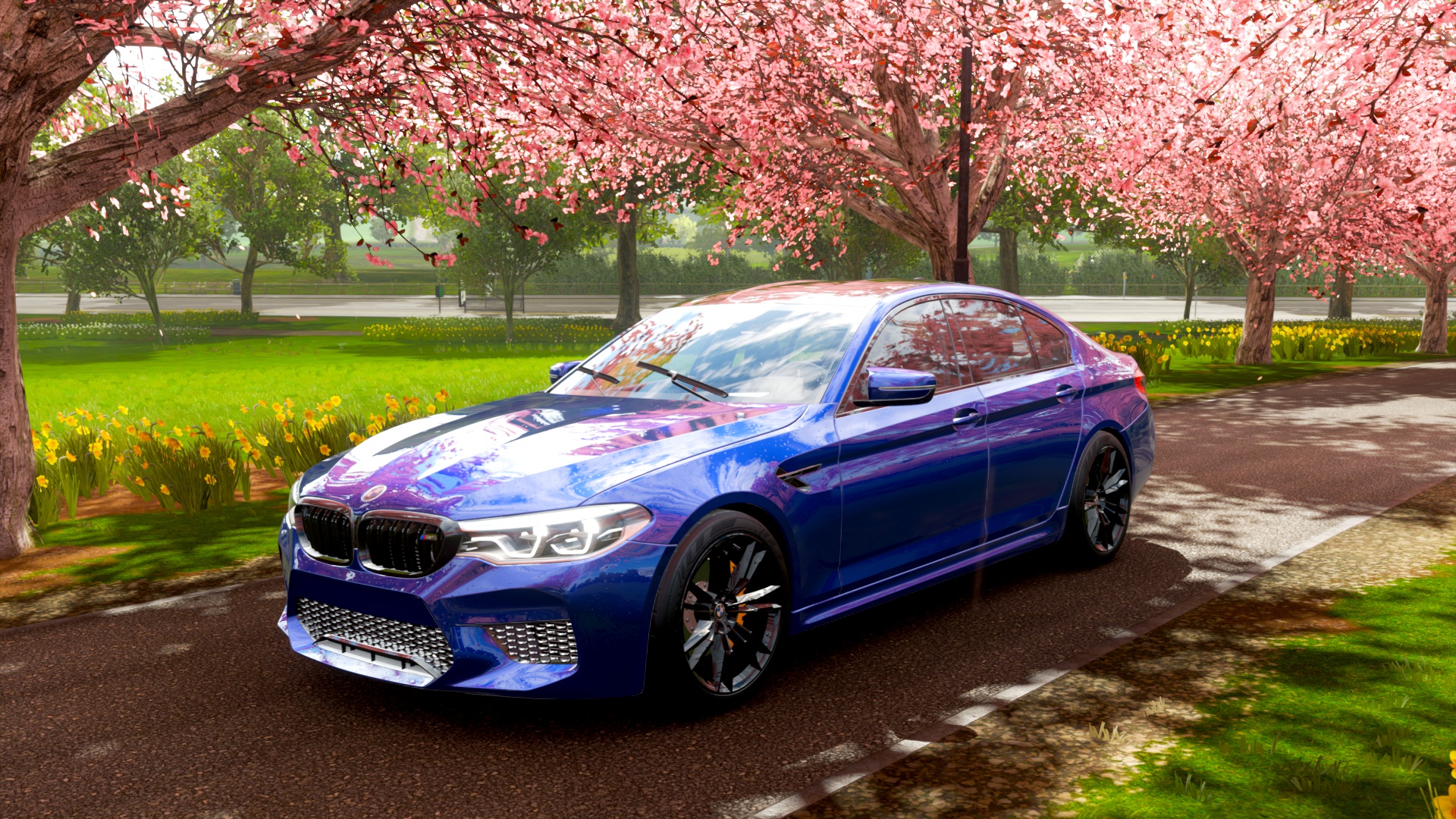 Скачать обои Сакура, BMW, Дождь, БМВ, Sakura, M5 Competition, Forza Horizon  4, BMW M5 F90, раздел игры в разрешении 1920x1080