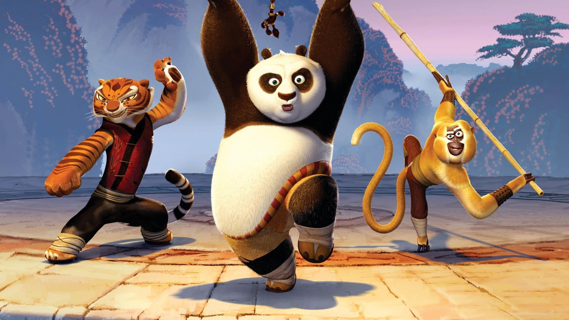 Скачать обои мультфильм, обезьяна, тигрица, Kung Fu Panda, кунг-фу панда,  воин дракона, раздел фильмы в разрешении 1920x1080