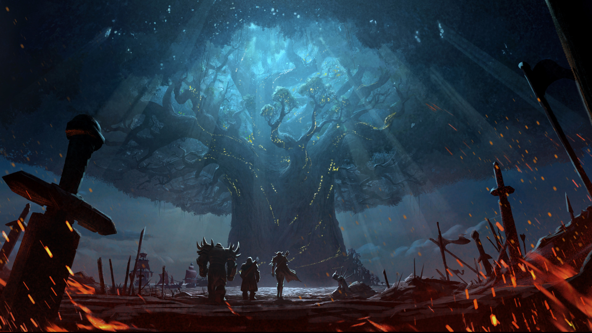 Скачать обои fire, battlefield, sword, World of Warcraft, fantasy, game,  Warcraft, Teldrassil, раздел игры в разрешении 1920x1080