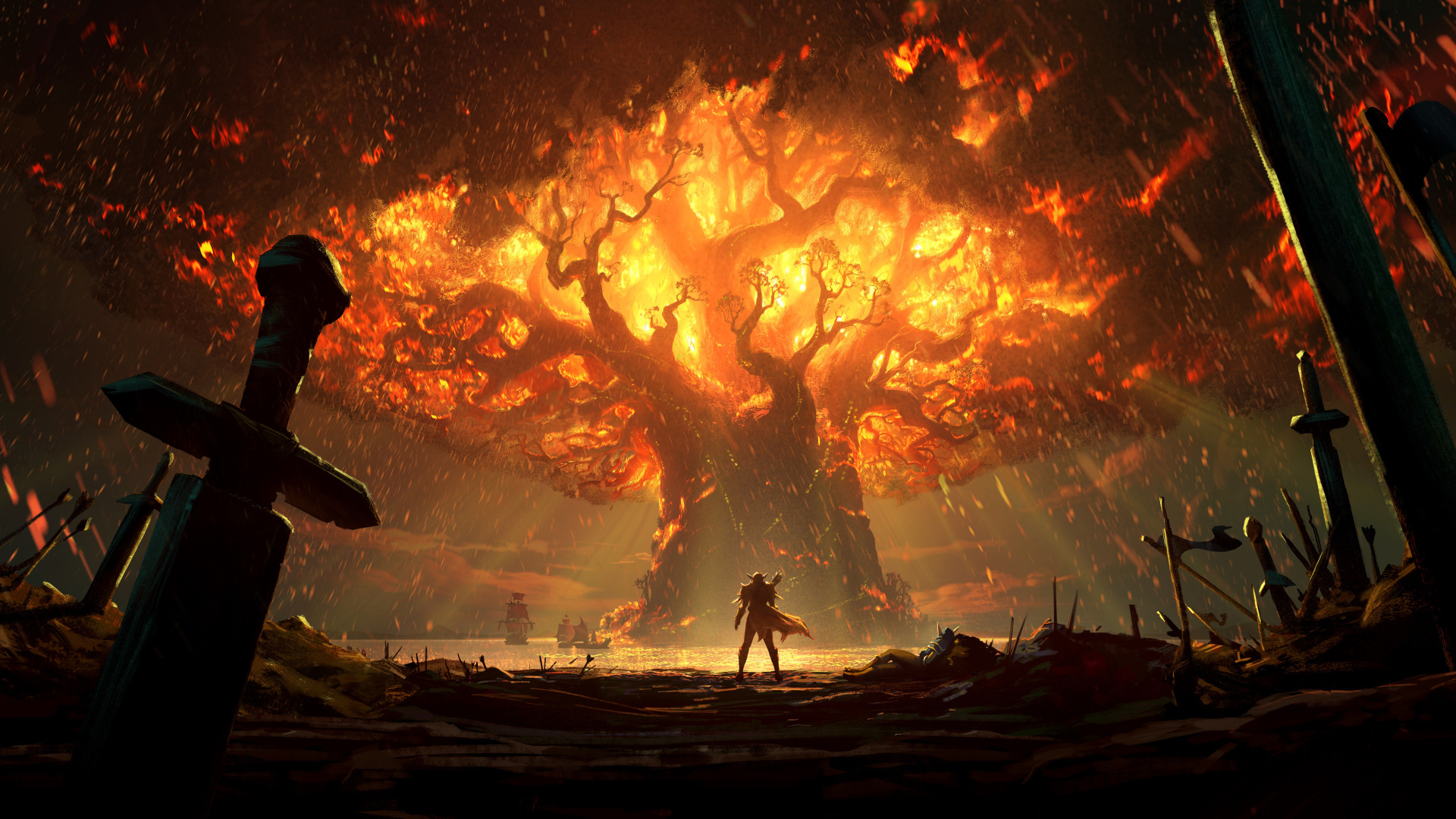 Скачать обои fire, battlefield, sword, World of Warcraft, fantasy, game,  Warcraft, Teldrassil, раздел игры в разрешении 1920x1080