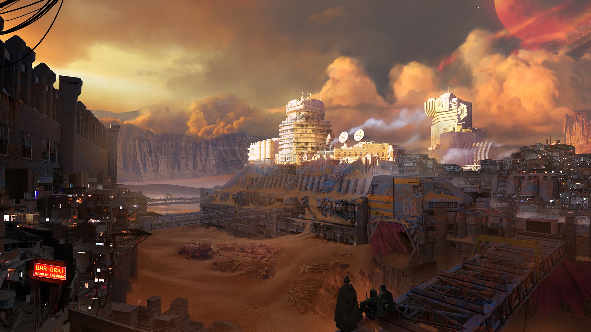 Обои fantasy, sky, clouds, people, sand, planet, digital art, buildings на  телефон и рабочий стол, раздел фантастика, разрешение 1920x1080 - скачать