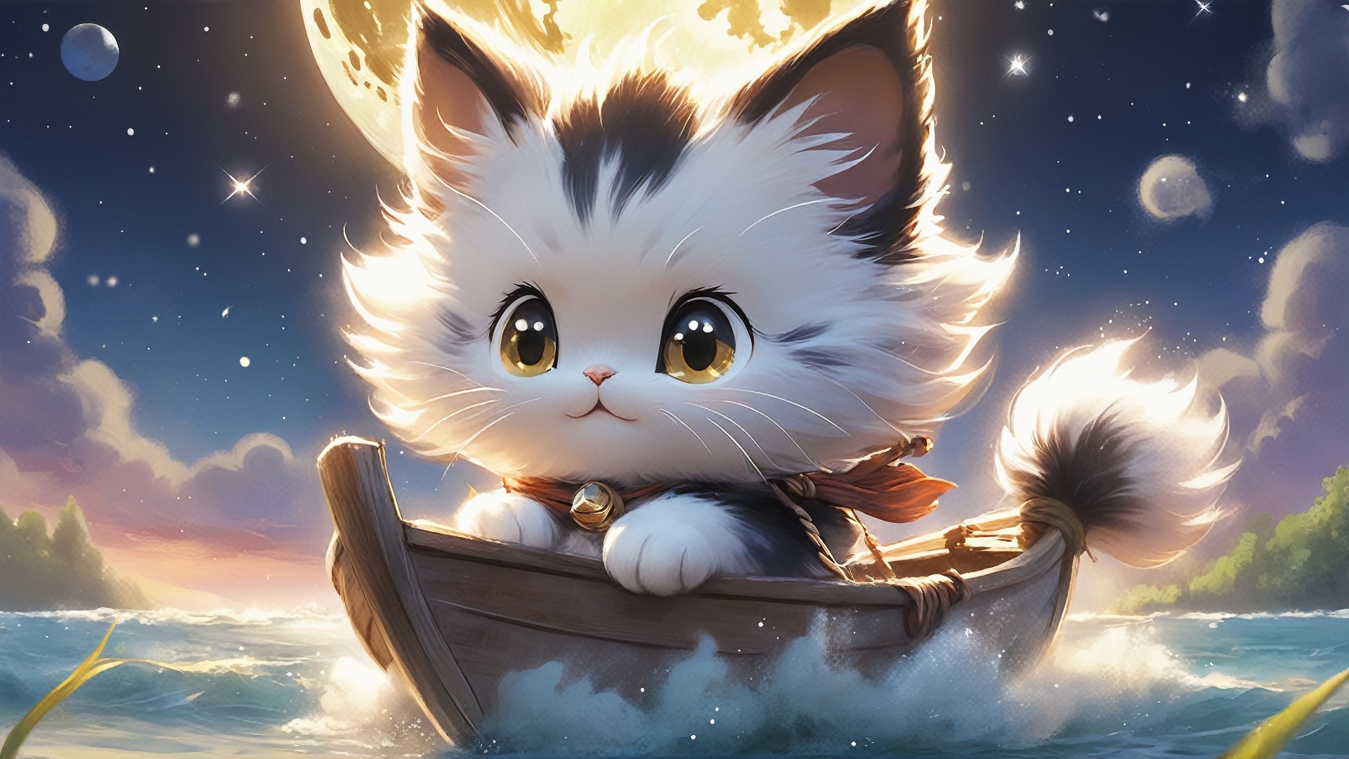 Обои Moon, art, cats, kittens, sailing, anime creatures на телефон и  рабочий стол, раздел ии арт, разрешение 1920x1080 - скачать