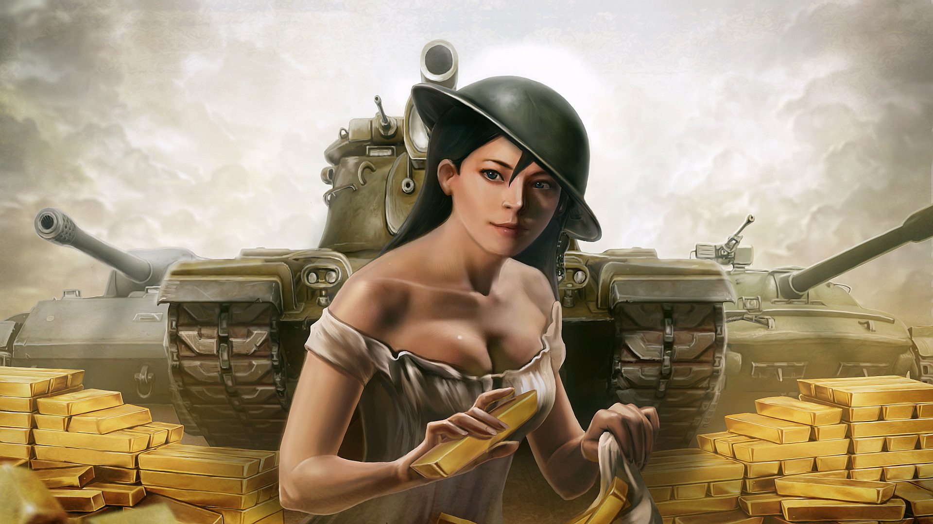 Скачать обои девушка, золото, рисунок, арт, слитки, каска, танки, World of  Tanks, раздел игры в разрешении 1920x1080