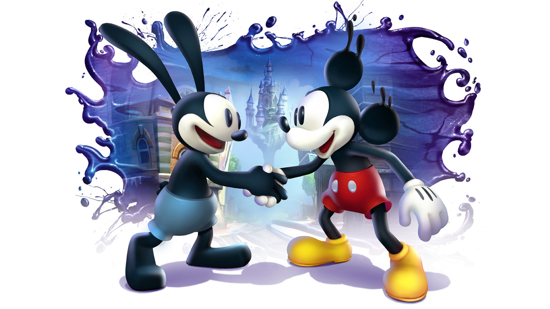 Скачать обои замок, краски, белый фон, дисней, рукопожатие, Epic Mickey 2,  The Power of Two, раздел игры в разрешении 1920x1080