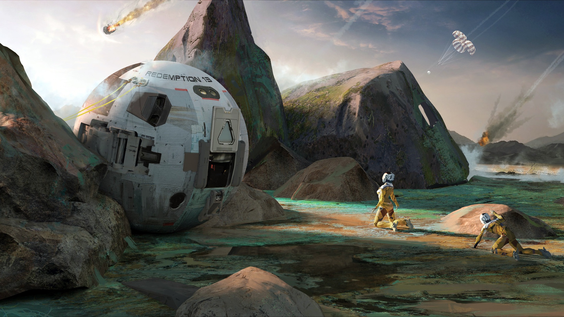 Экспедиция на планету. Спасательная капсула Sci Fi Art. Космический корабль на планете. Инопланетные пейзажи. Фантастические космические корабли.