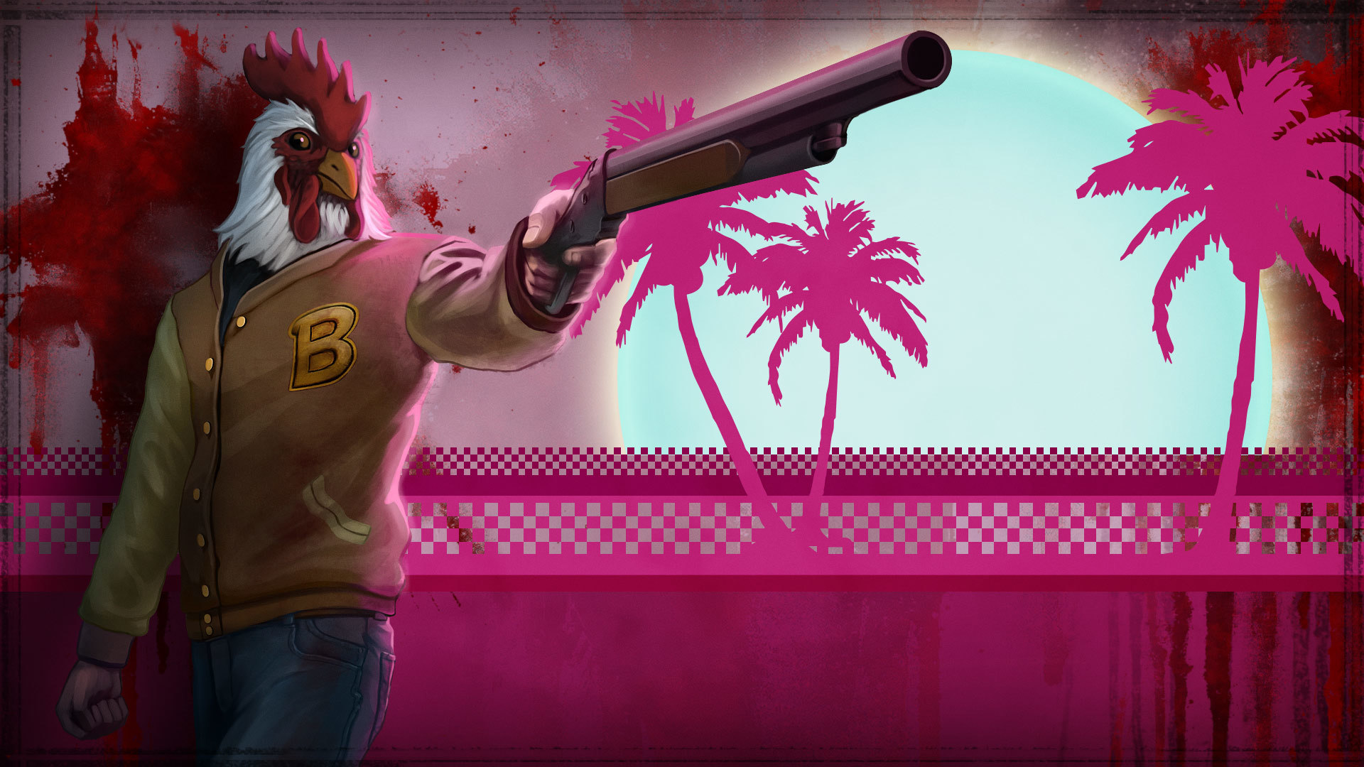 Скачать обои пальмы, кровь, маска, дробовик, петух, Hotline Miami, раздел  игры в разрешении 1920x1080