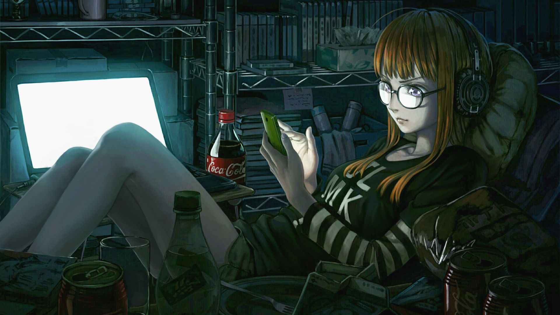 Скачать обои girl, Coca-Cola, notebook, asian, Coca Cola, smartphone,  headphone, japanse, раздел арт в разрешении 1920x1080