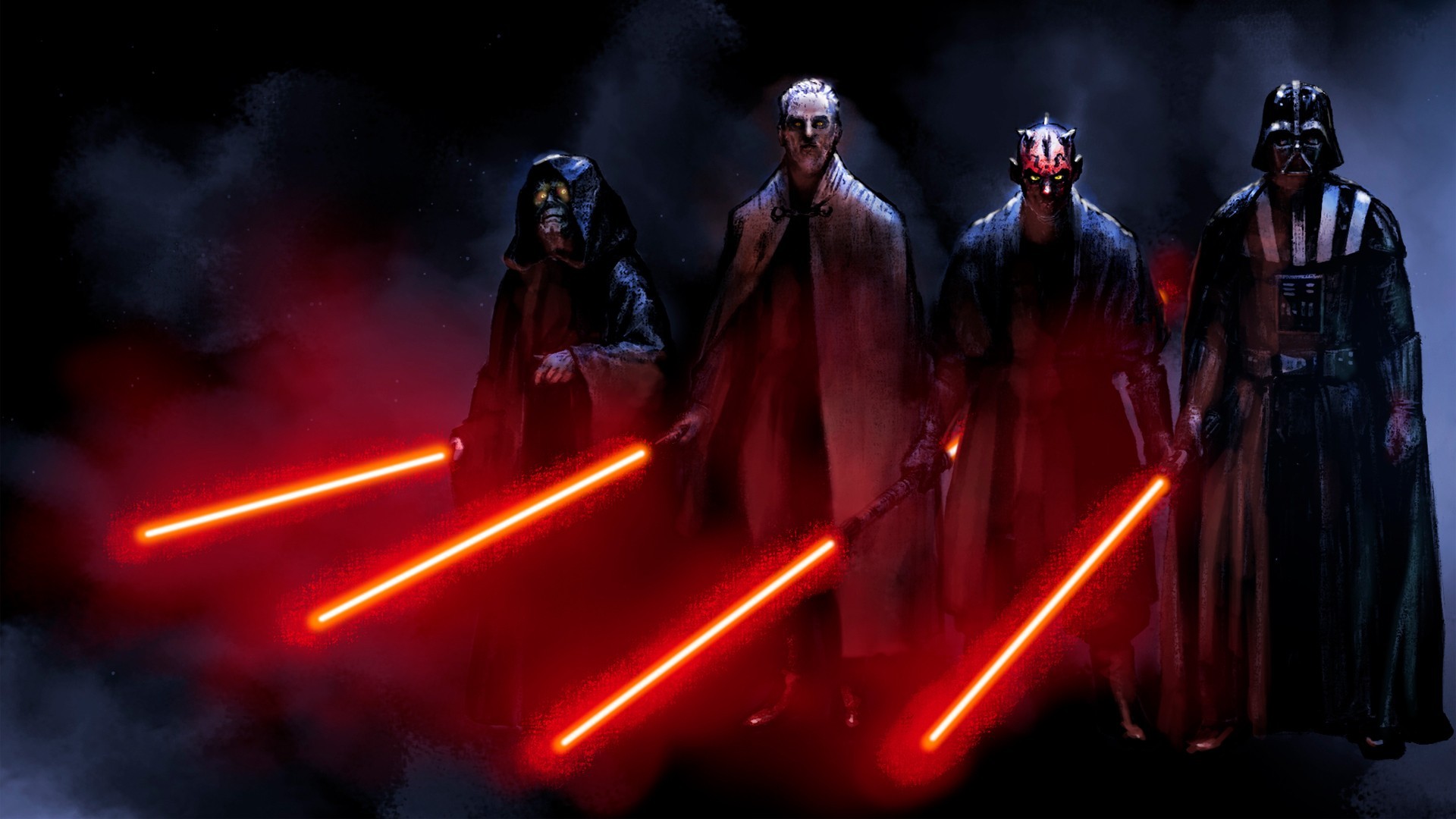 Обои star wars, darth vader, sith, darth maul, count dooku, darth sidious  на телефон и рабочий стол, раздел фантастика, разрешение 1920x1080 - скачать