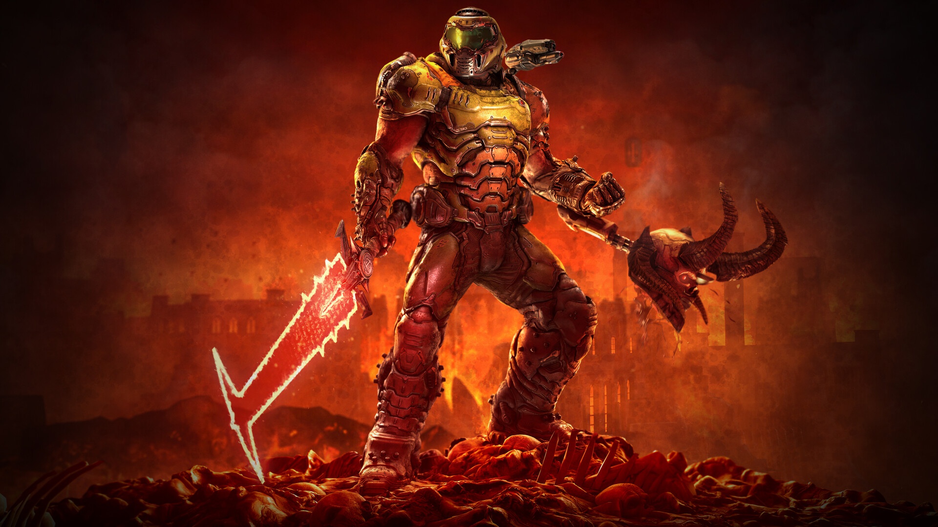 Скачать обои demon, sword, bones, hell, head, Doom Eternal, doomslayer,  раздел игры в разрешении 1920x1080