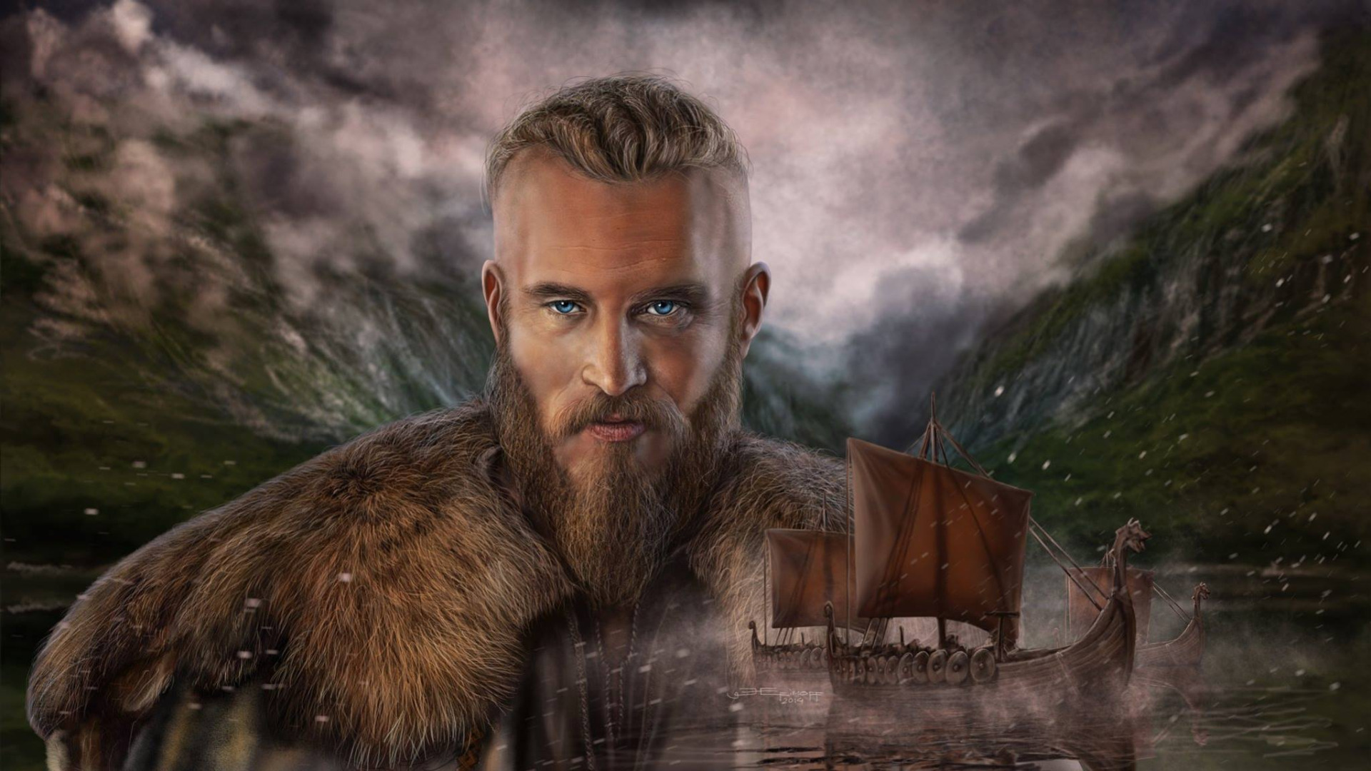 Скачать обои викинг, драккары, Edikt Art, Викинги Рагнар Лодброк, Vikings  Ragnar Lodbrok, раздел фантастика в разрешении 1920x1080