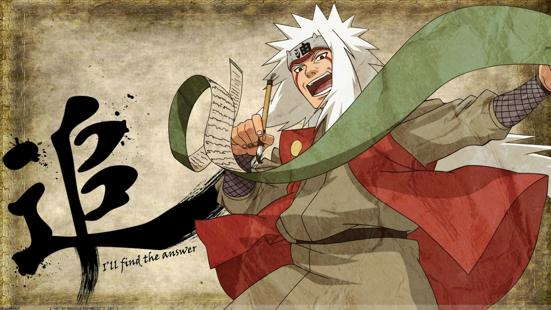 Скачать обои иероглиф, кисть, белые волосы, свиток, ninja, sensei, Jiraiya,  Naruto Shippuden, раздел сёнэн в разрешении 1920x1080