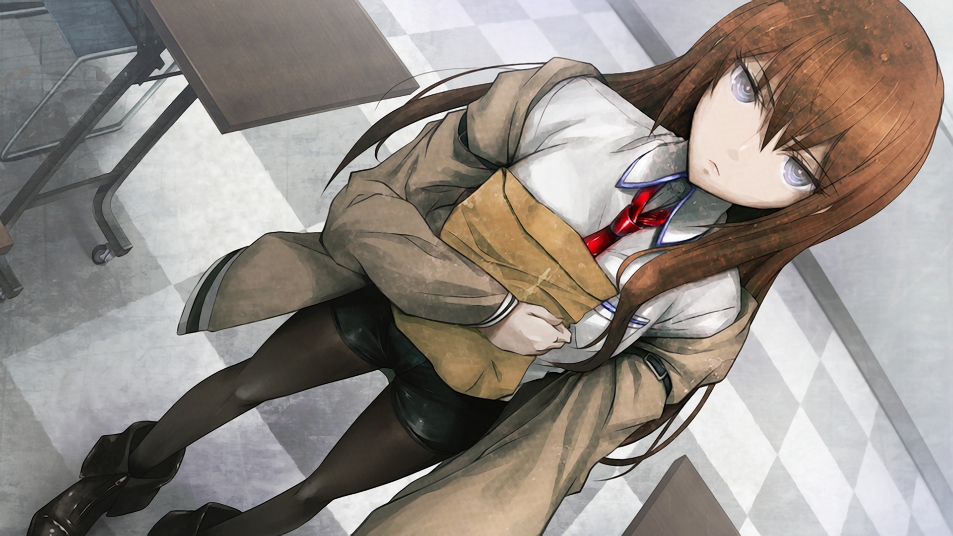 Скачать обои девушка, игра, аниме, галстук, колготки, конверт, makise  kurisu, Steins Gate, раздел прочее в разрешении 1920x1080