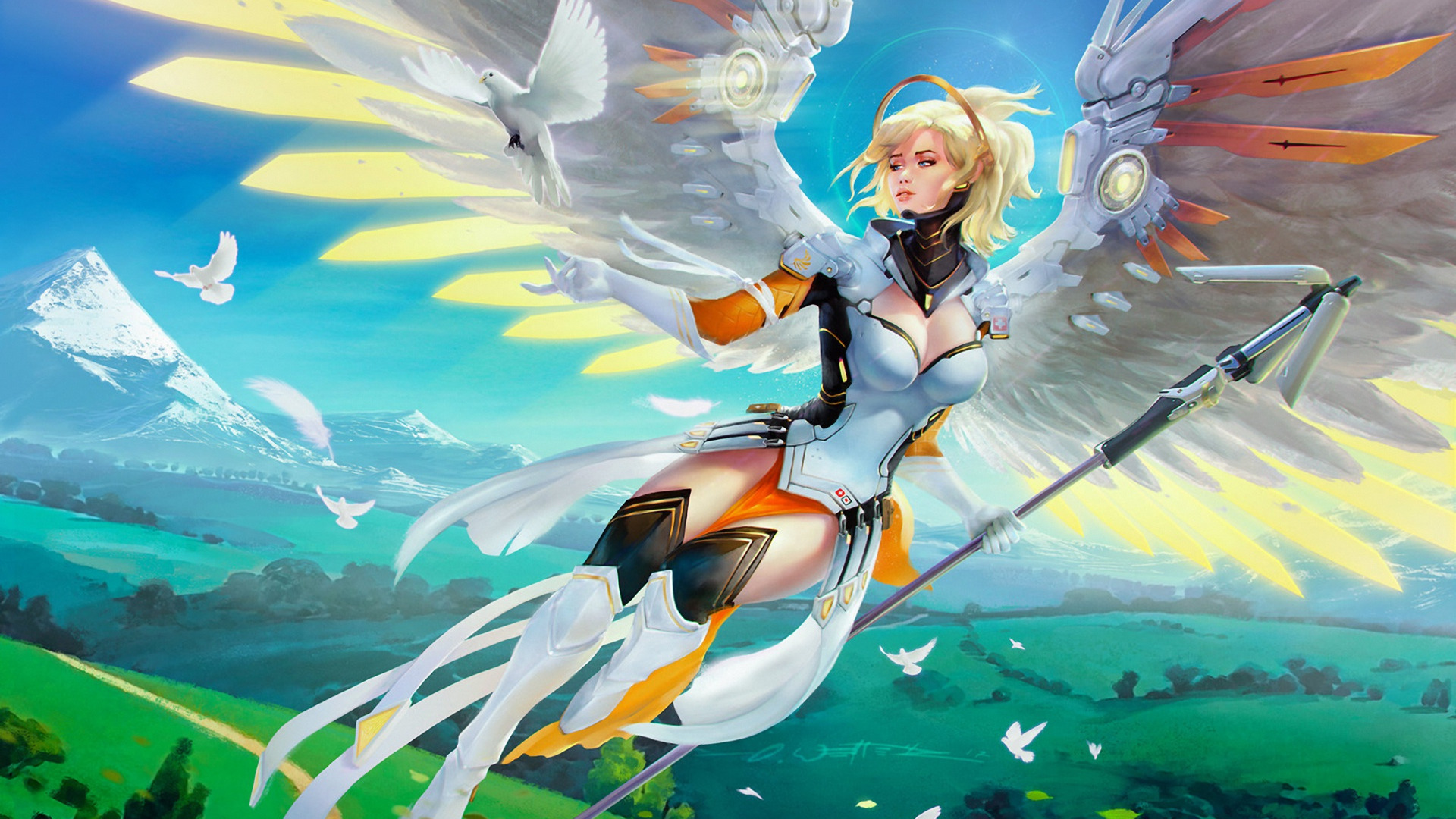 Скачать обои крылья, overwatch, Mercy, Angela Ziegler, ангел девушка медик,  раздел игры в разрешении 1920x1080