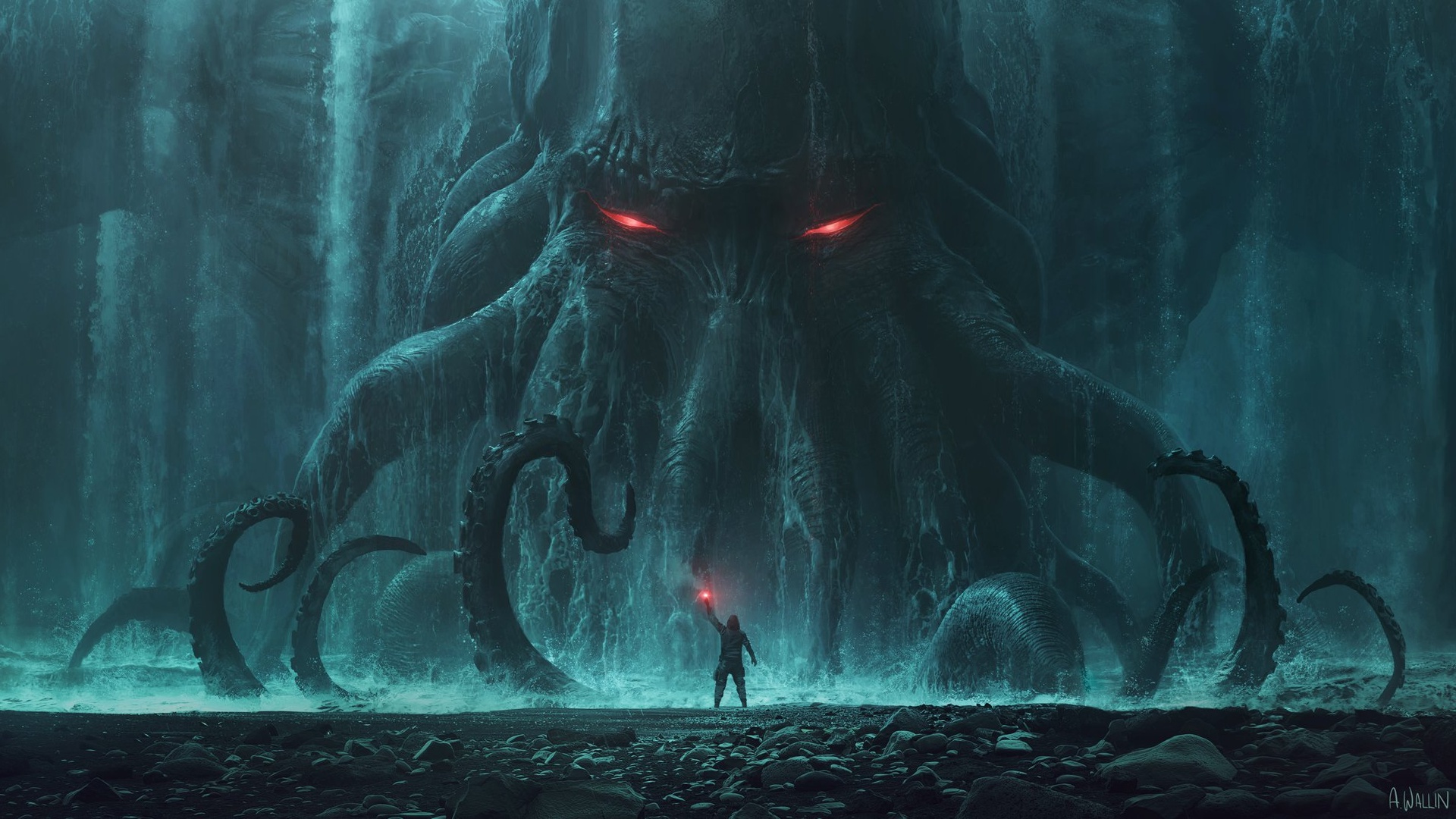 Обои Ктулху, Cthulhu, monster, rocks, man, behemoth, tide, tentacles на  телефон и рабочий стол, раздел фантастика, разрешение 1920x1080 - скачать