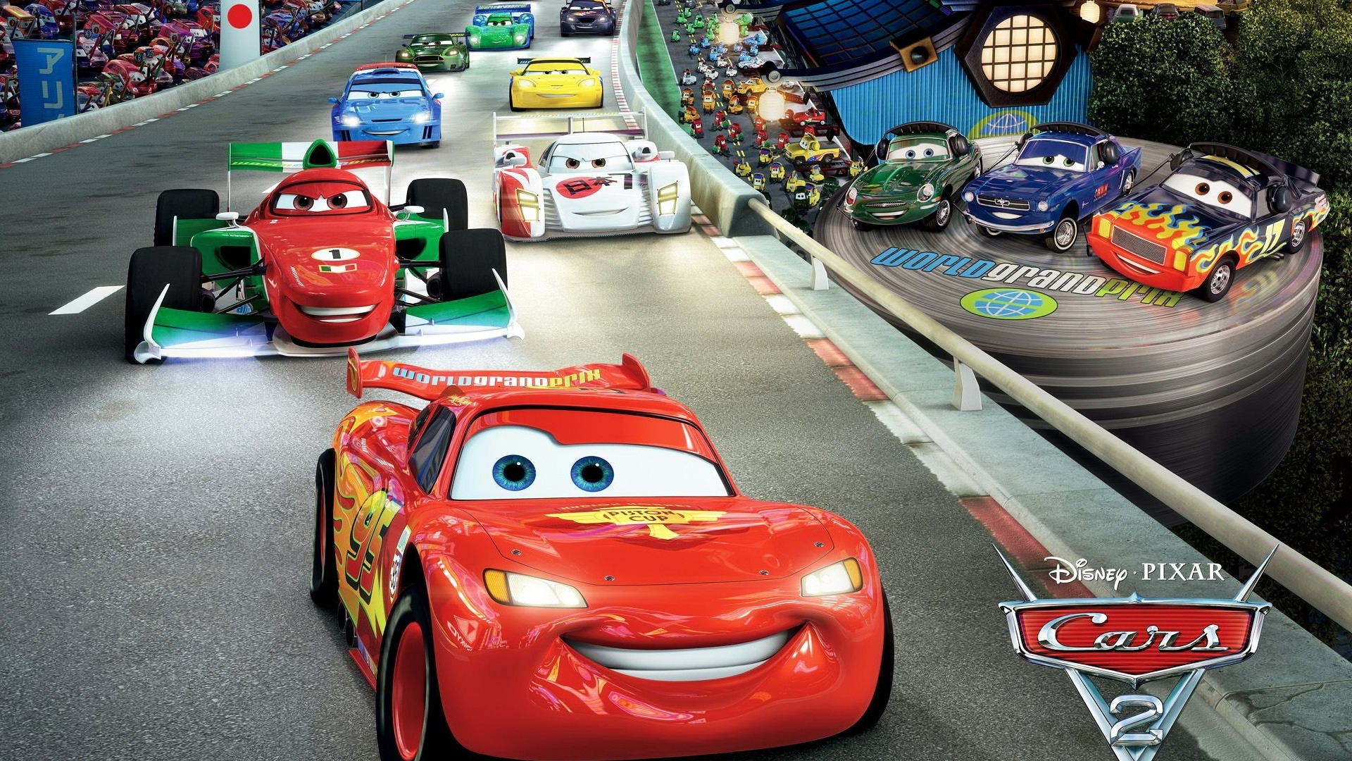 Скачать обои молния, pixar, трек, спорткары, Cars 2, тачки 2, раздел фильмы  в разрешении 1920x1080