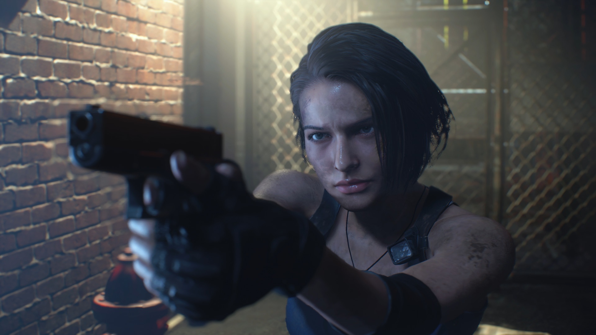 Скачать обои Девушка, Пистолет, Стена, Дверь, Джилл Валентайн, Jill  Valentine, Решётка, Resident Evil 3, раздел игры в разрешении 1920x1080