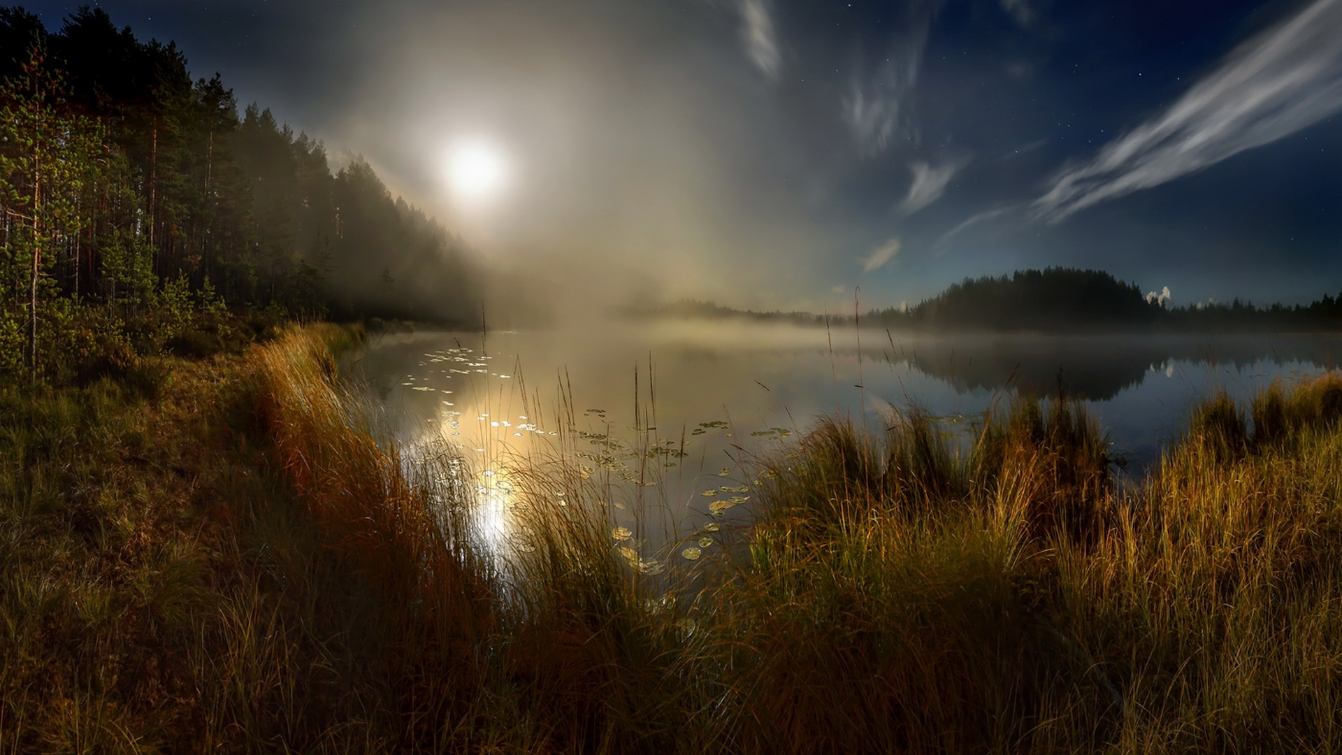 Туман вечером. Ночное озеро. Озеро в тумане. Ночные туманы над озером.