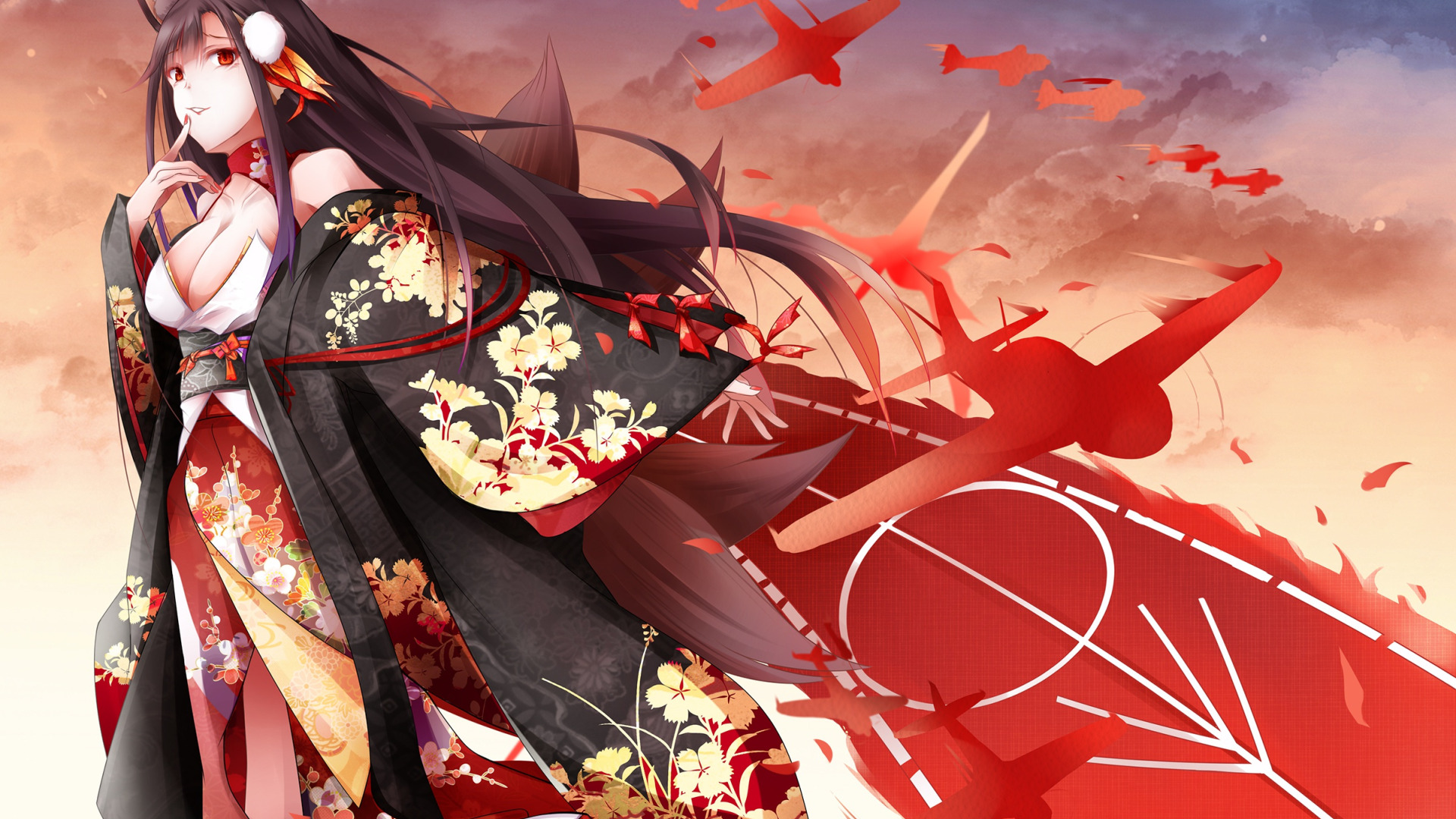 Скачать обои взгляд, девушка, аниме, самолёты, akagi, azur lane, раздел  сёнэн в разрешении 1920x1080