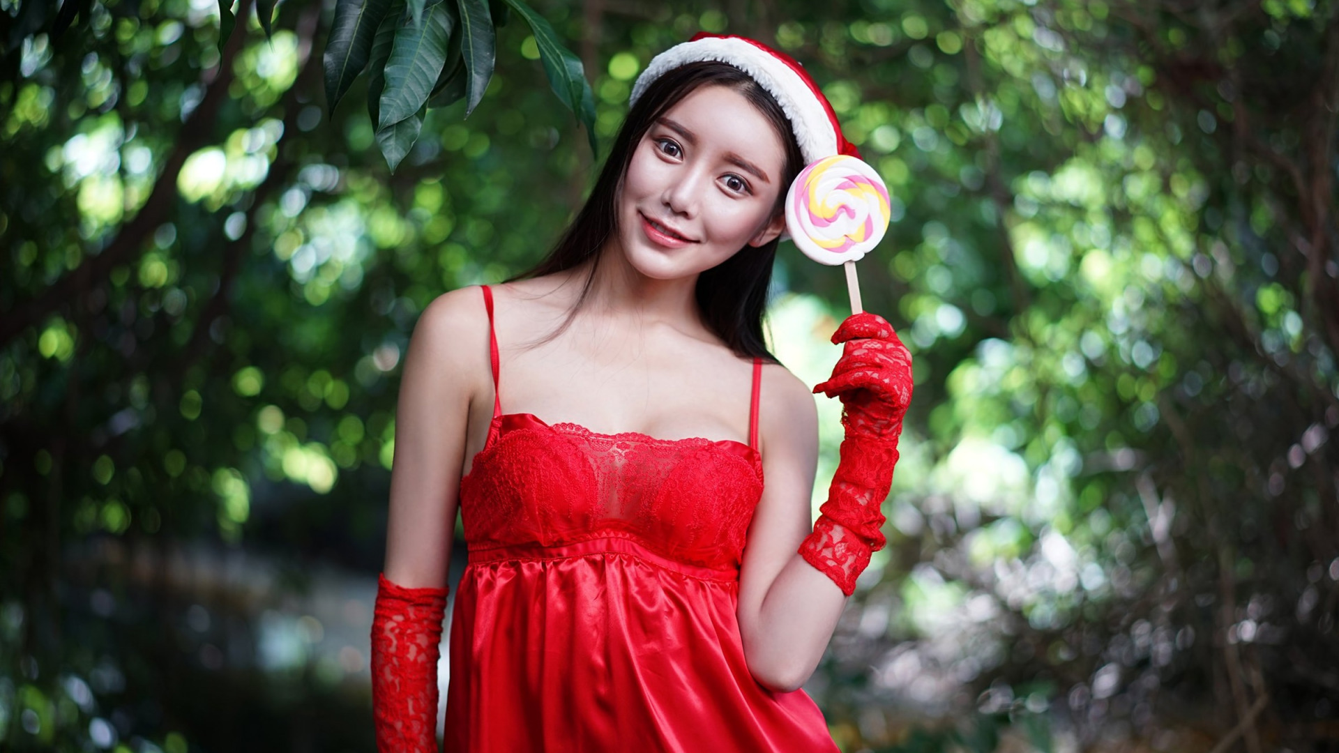 Angel's smile. Xu Yan xin. Angelic smile. Girl in Red Dress and Gloves with Black hair in the film Elf.