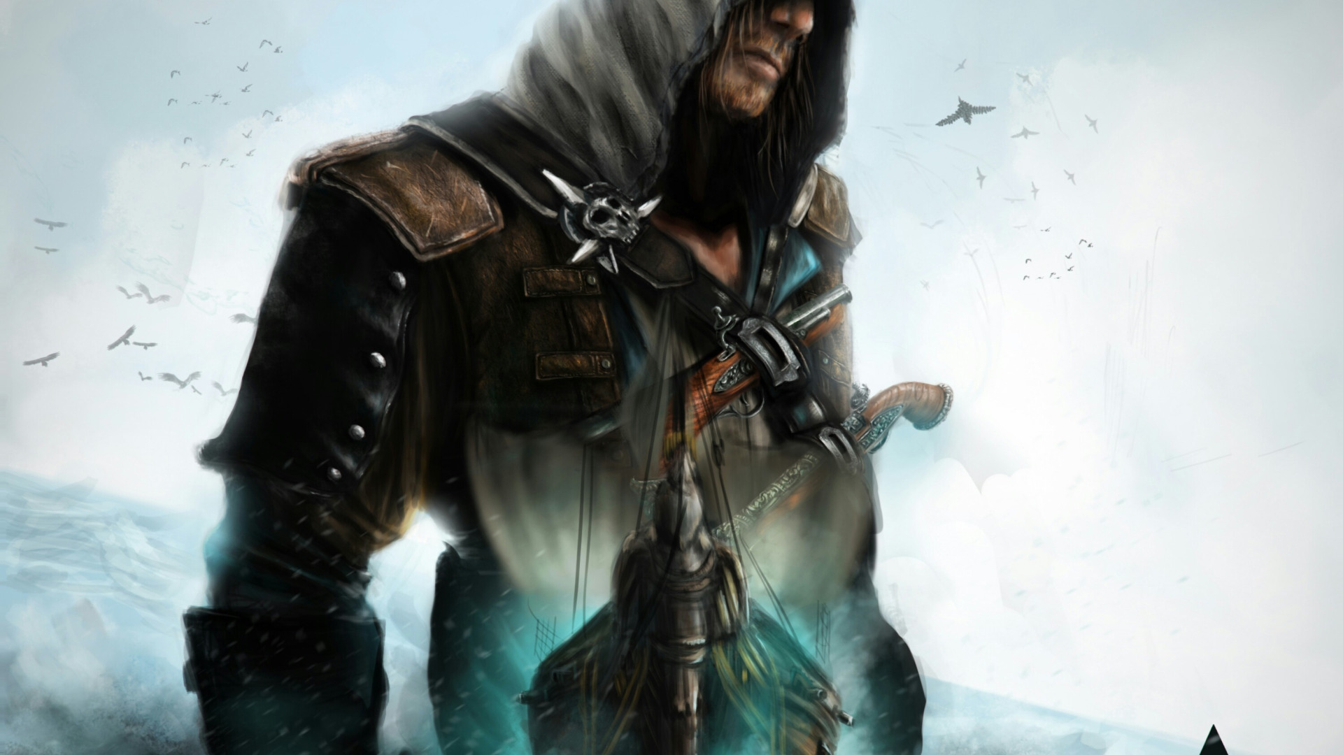 Скачать обои море, вода, птицы, арт, assassins creed, Эдвард Кенуэй, Edward  Kenway, IV black flag, раздел игры в разрешении 1920x1080