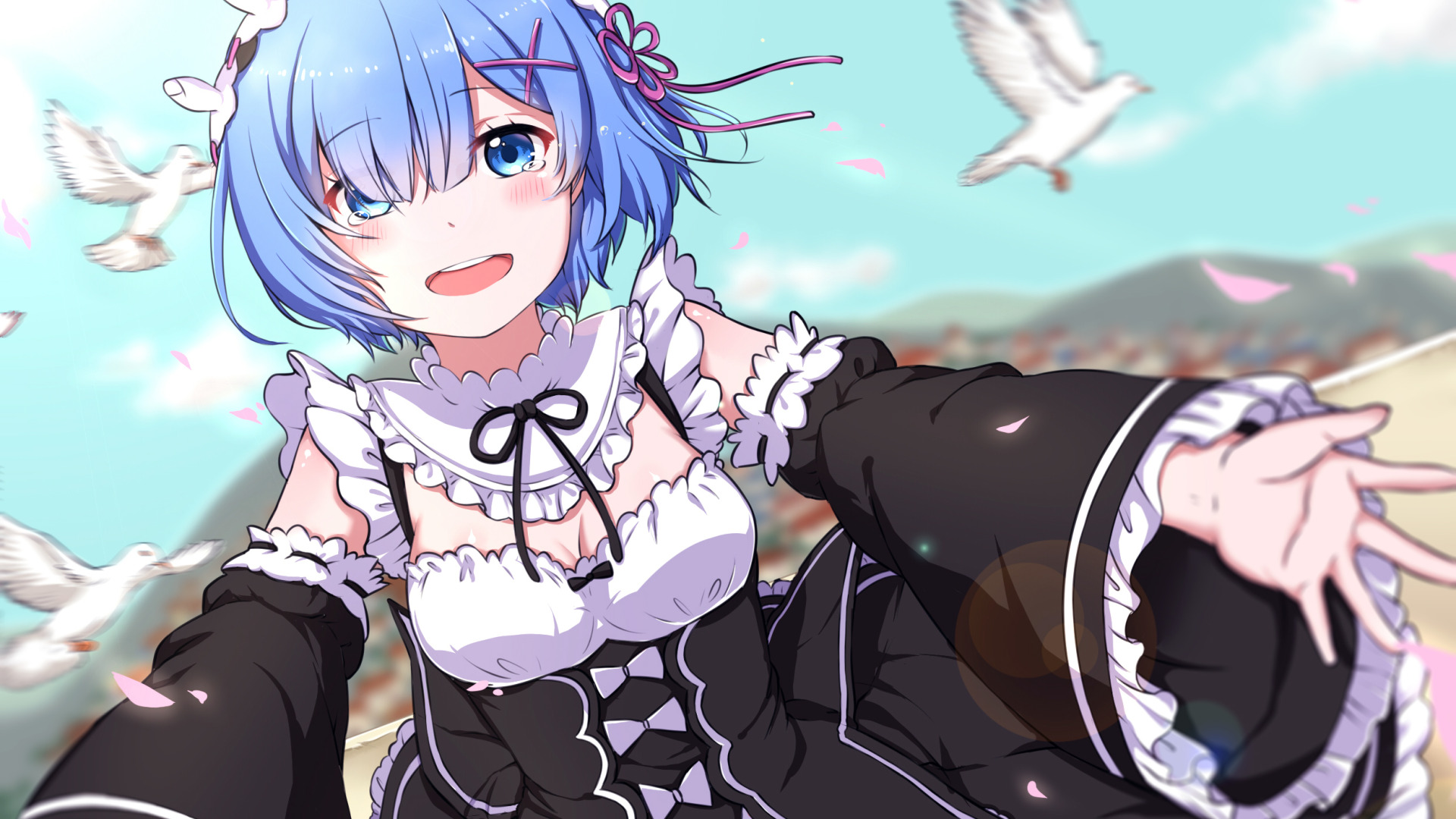 Скачать обои девушка, радость, слёзы, anime, горничная, art, Rem, Re: Zero  kara Hajimeru Isekai Seikatsu, раздел прочее в разрешении 1920x1080