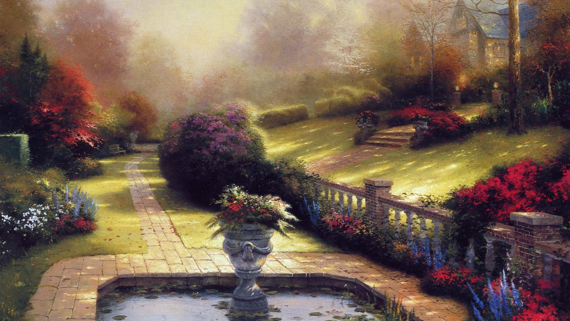 Цветочный пруд 22 глава. Фонтан в сказочном саду. Сад с белым особняком живопись. Стена увитая розами у Кинкейда.