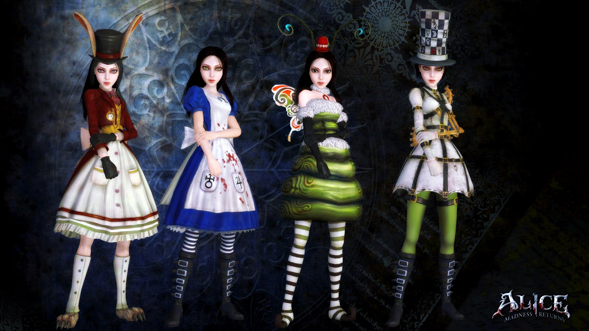 Скачать обои Кролик, Классика, Алиса, Платья, Alice, Alice Madness Returns,  Шляпник, Богомол, раздел игры в разрешении 1920x1080