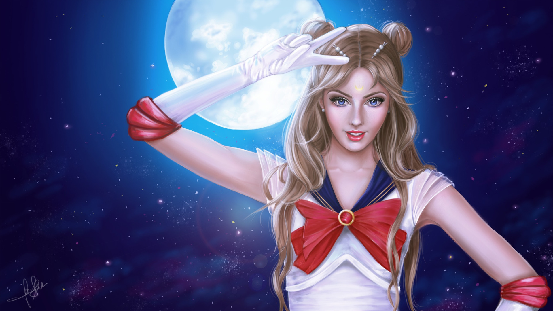 Скачать обои взгляд, девушка, ночь, луна, аниме, арт, костюм, Sailor moon,  раздел сёдзё в разрешении 1920x1080