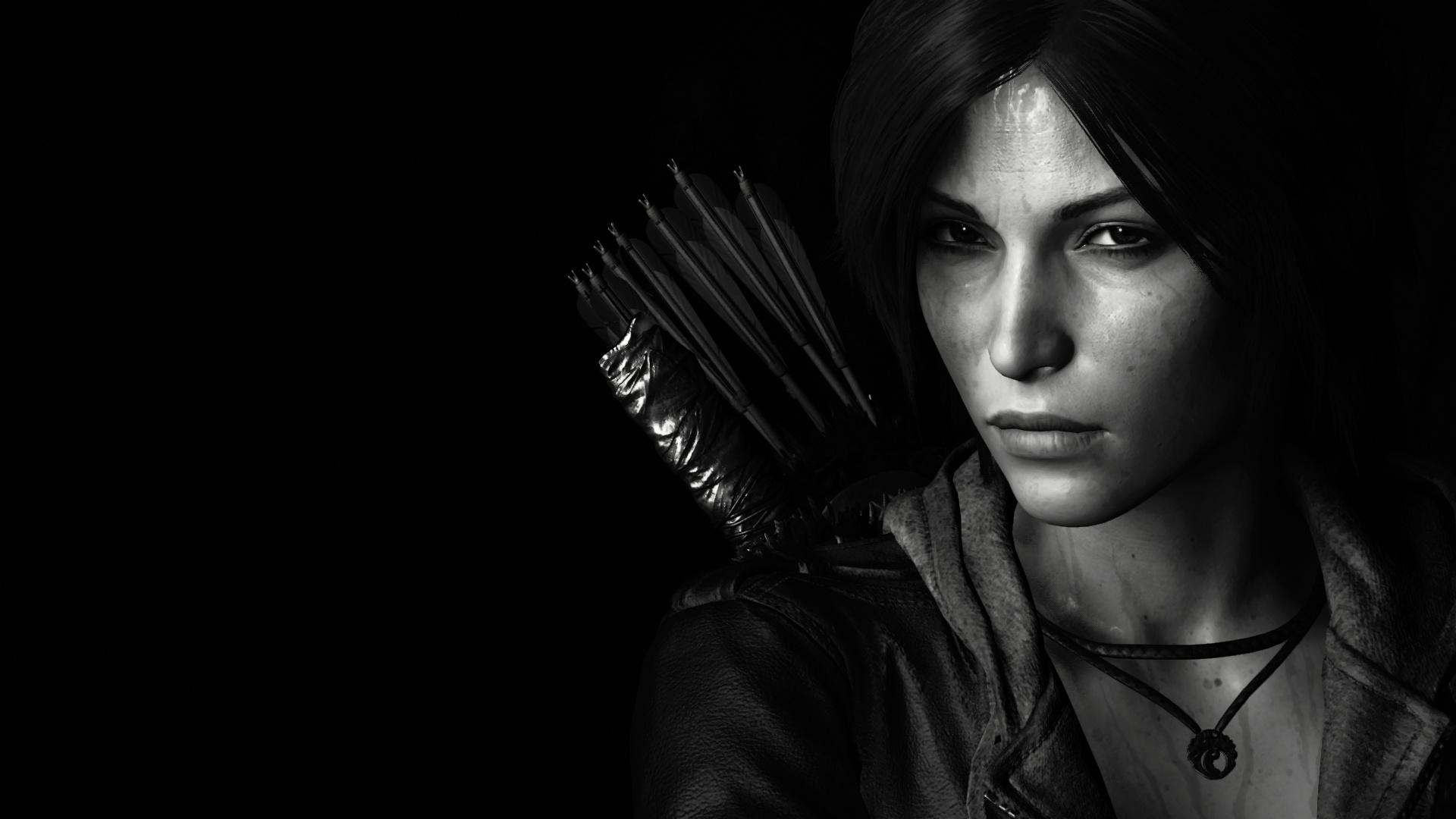 Обои lara croft, tomb raider, face, black and white, look, bow, arrows,  dark hair на телефон и рабочий стол, раздел игры, разрешение 1920x1080 -  скачать