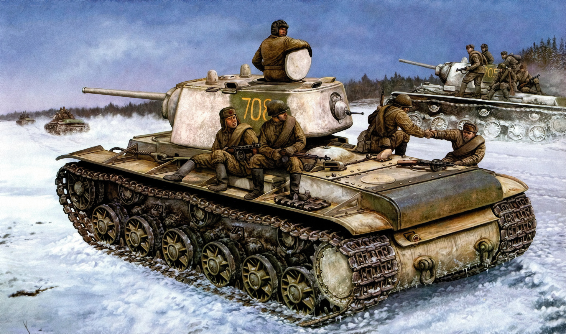 Обои war, art, painting, ww2, russian tank, russian infantry, KV-1, red  army на телефон и рабочий стол, раздел оружие, разрешение 1920x1133 -  скачать